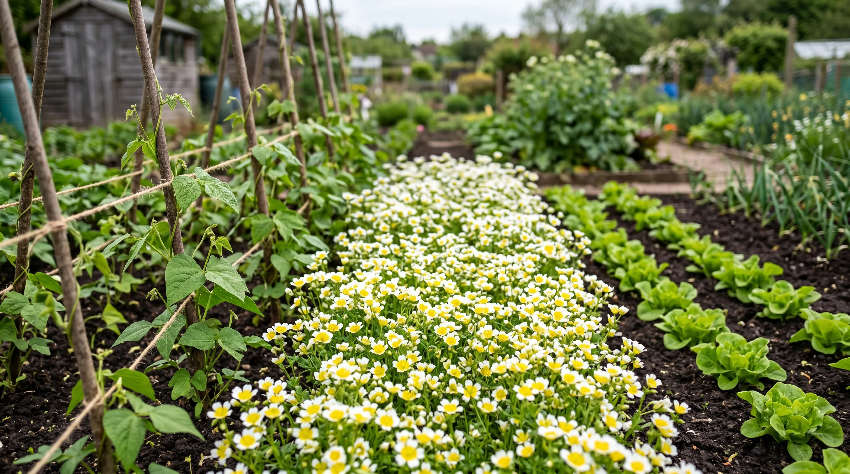 Self-seeded mat of Limnanthes douglasii filling gaps between rows of runner beans and lettuces on a UK allotment