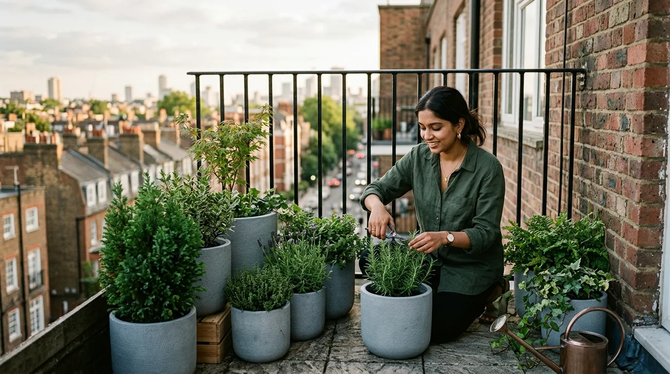 Lightweight fibre-clay containers grouped against the supporting wall of a flat balcony