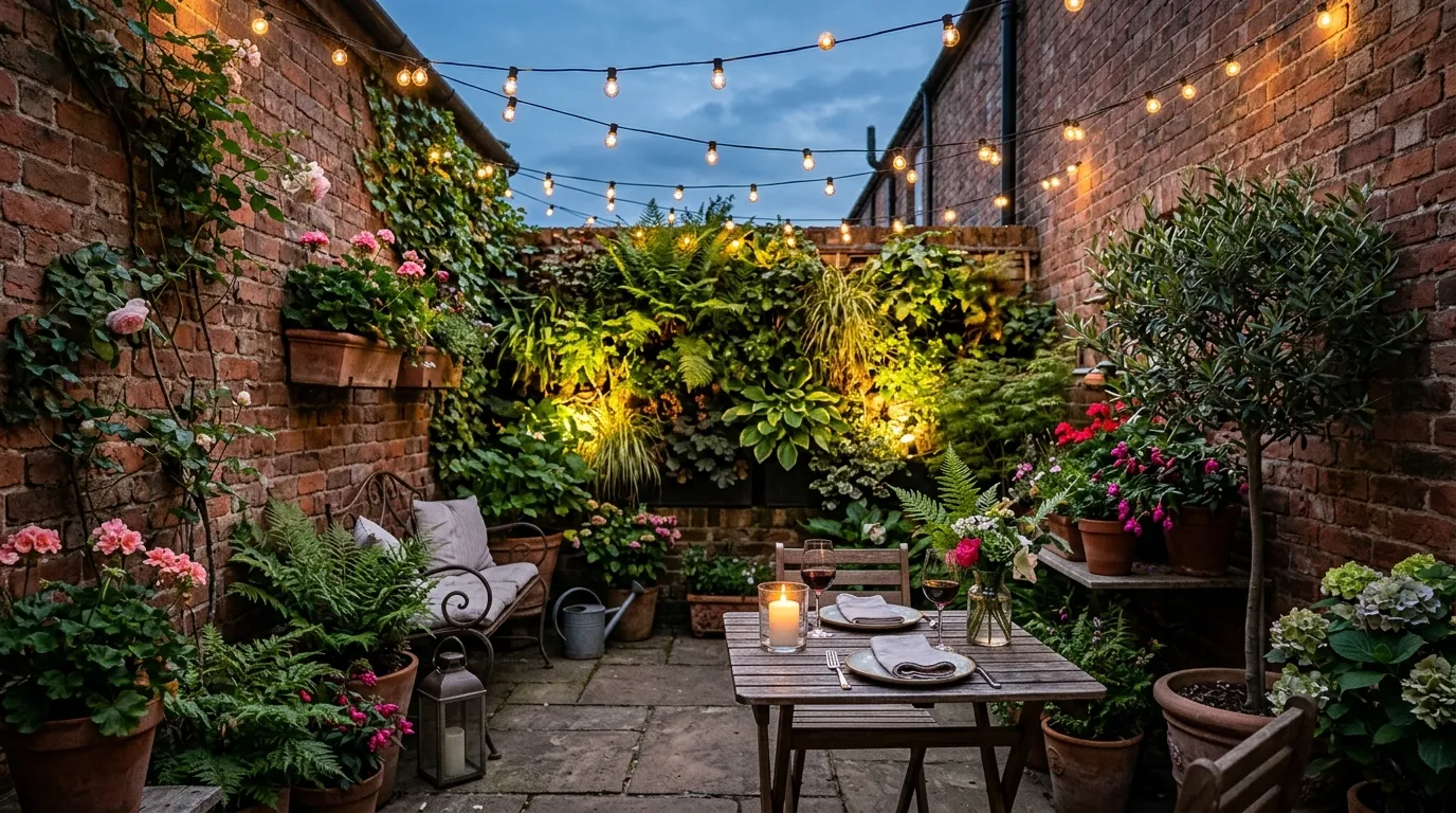 Evening string lights over a tiny courtyard pocket garden with a fold-down table set for two