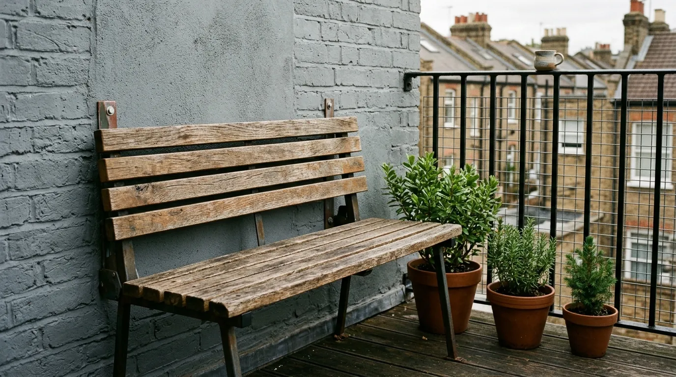 Wall-mounted fold-down timber bench on a flat balcony folded down to seat two people
