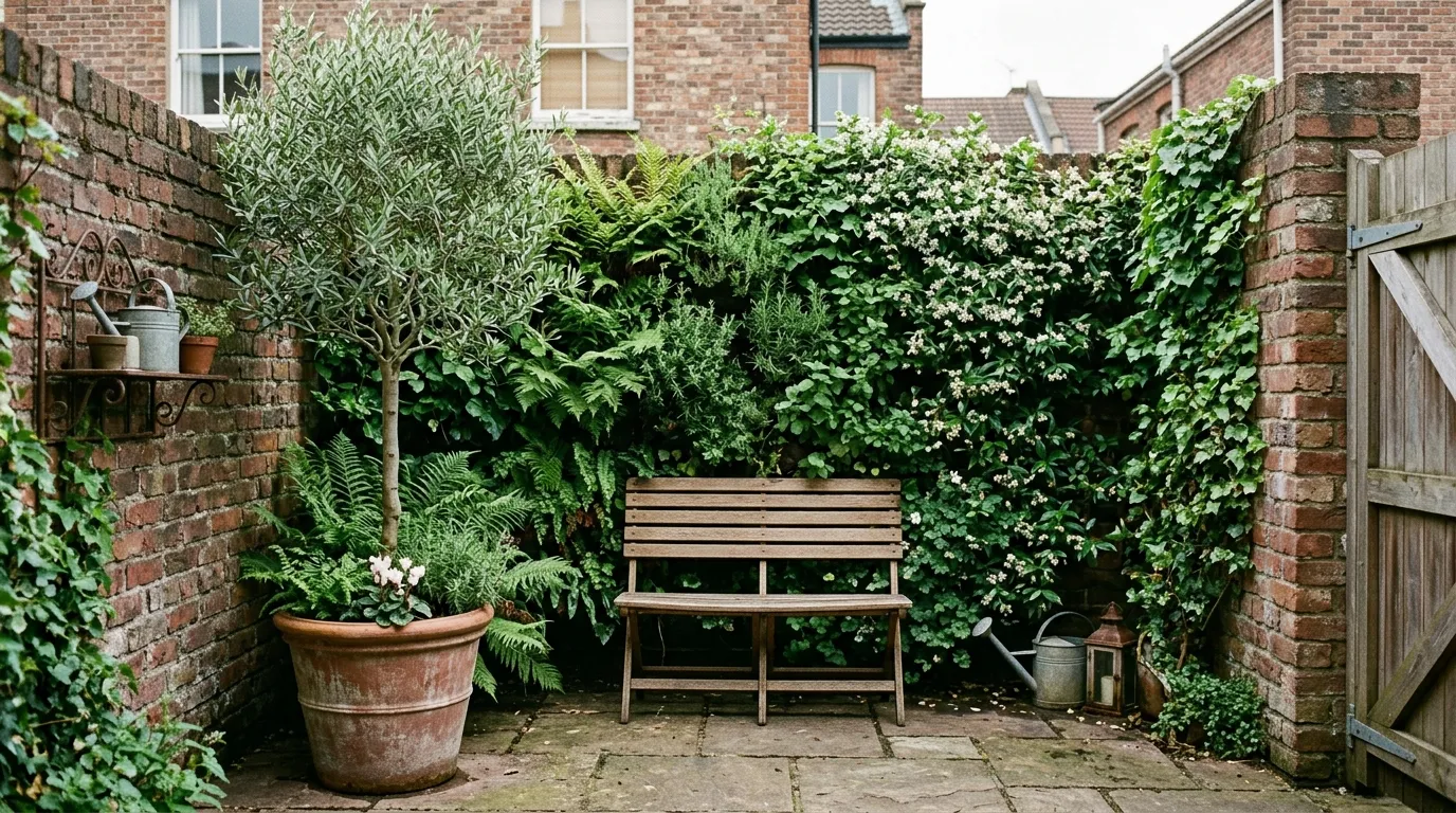 Pocket garden ideas in a tiny Bristol courtyard under 5 square metres with a green living wall and fold-down bench