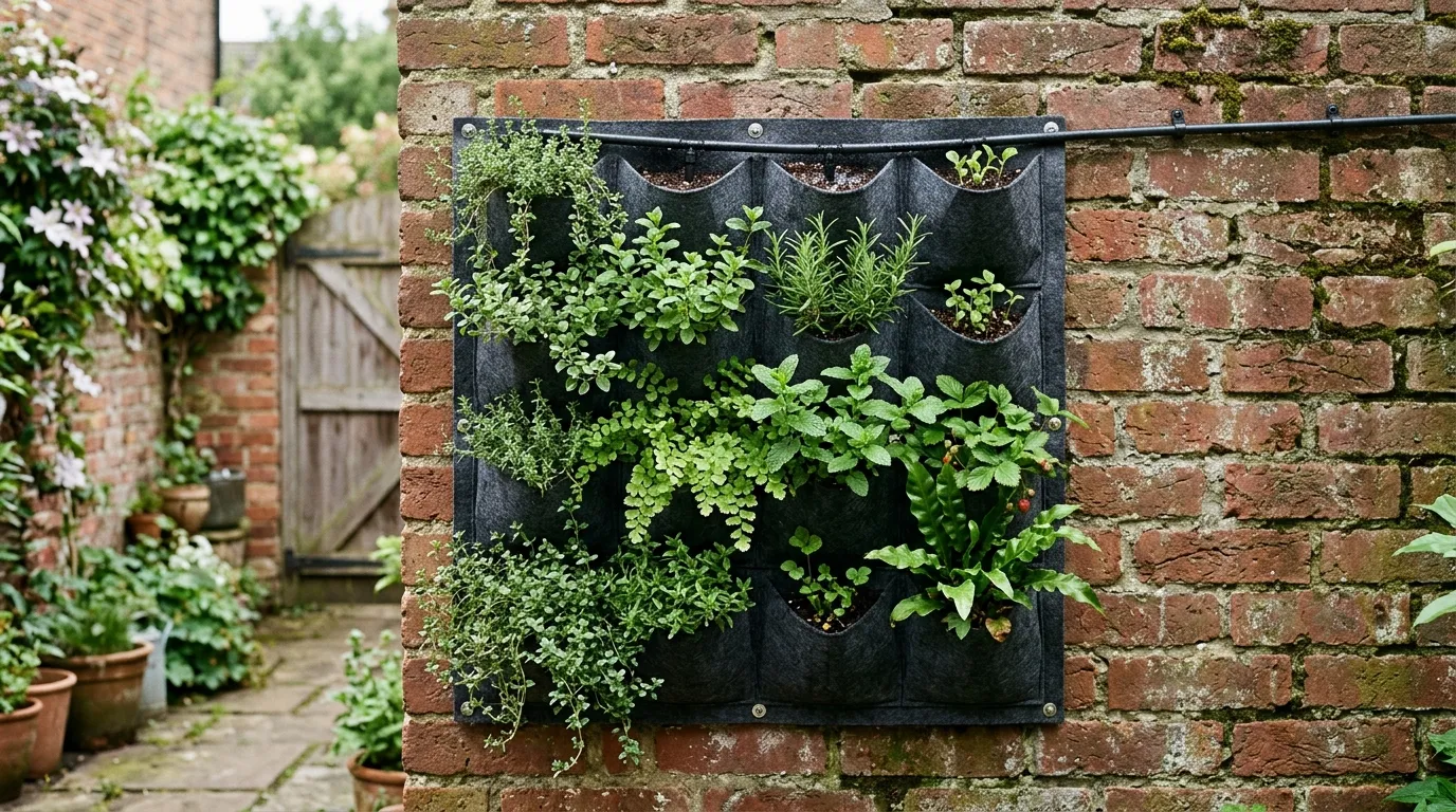 Modular felt living wall panel with herbs and ferns on a tiny courtyard wall