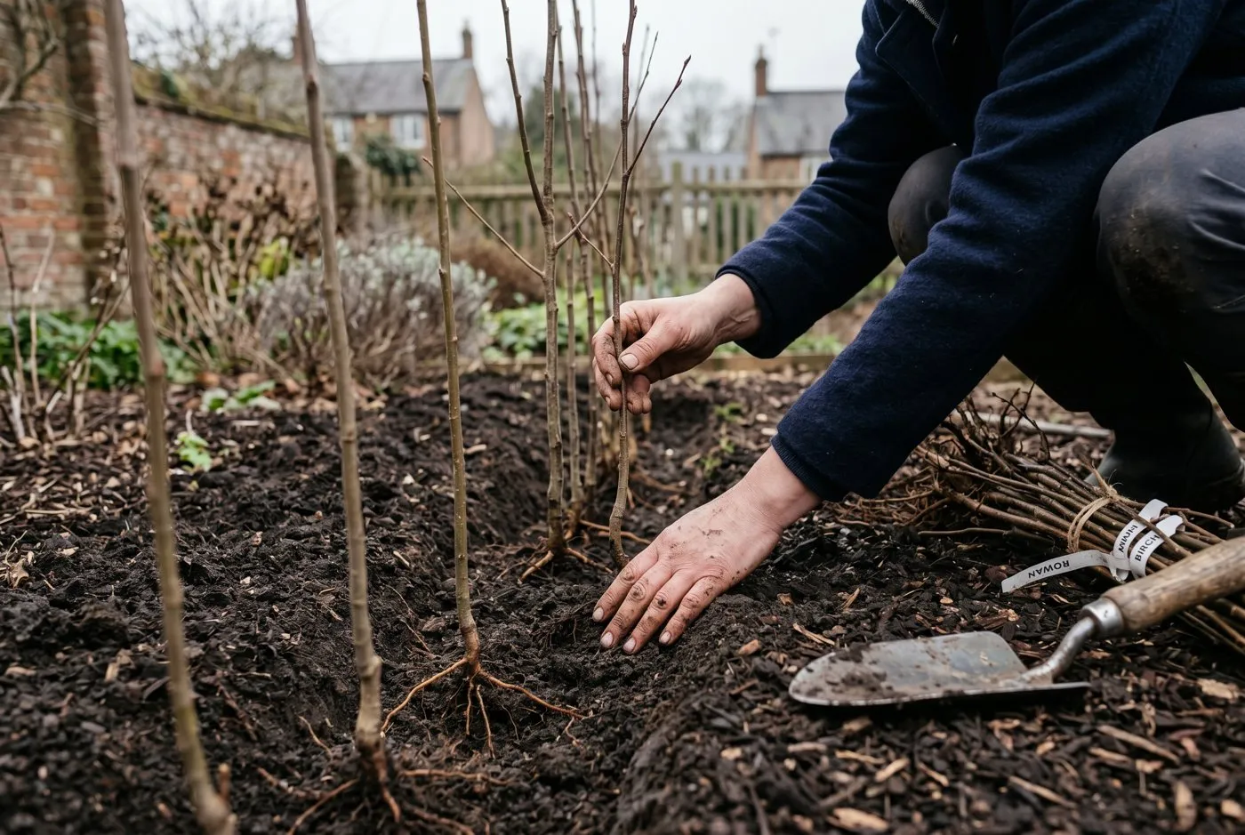 A gardener's hands planting bare-root native tree whips a hand-width apart in a small UK town garden bed with dark soil and mulch