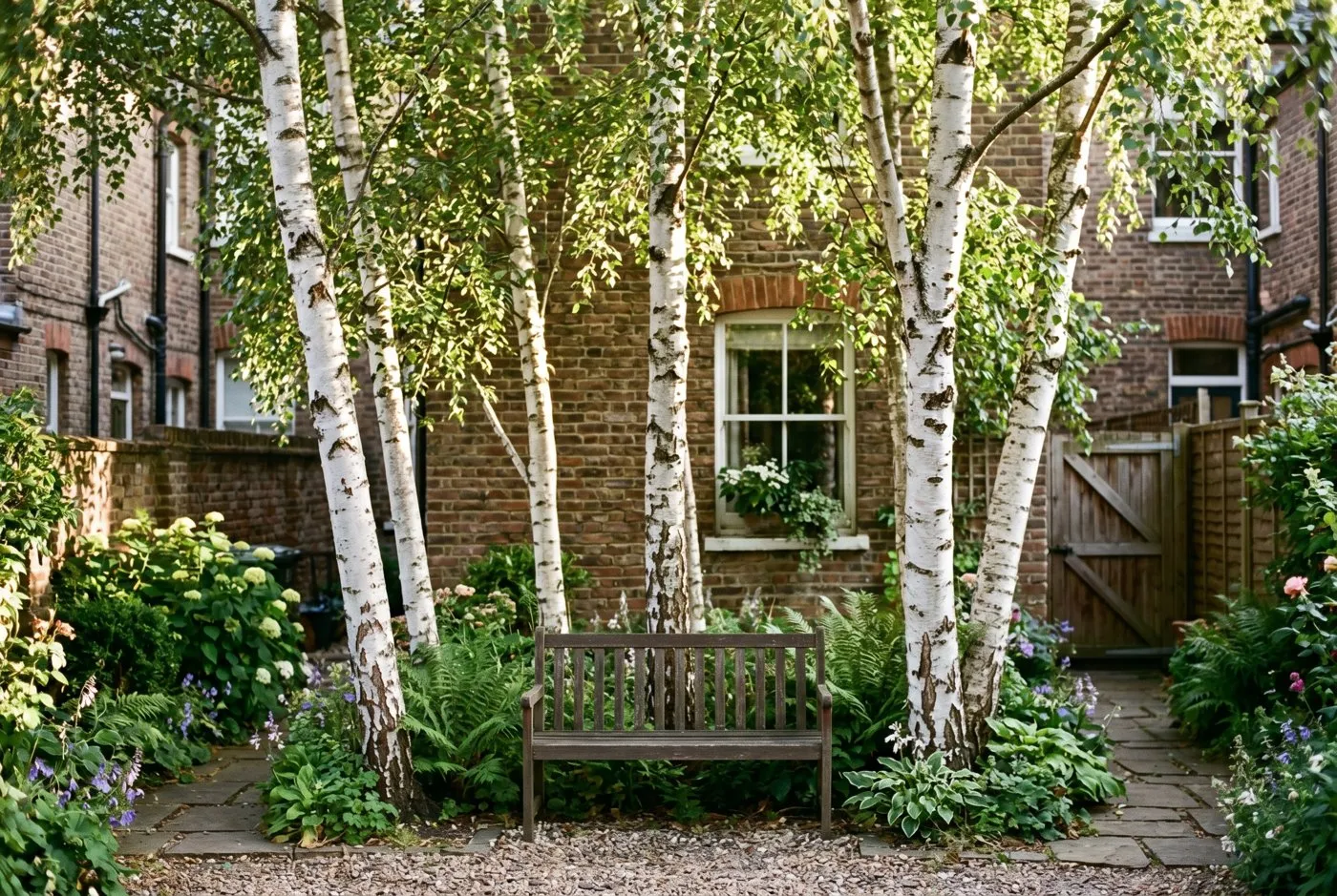 A small grove of slender white-barked silver birch trees growing close together in a compact urban town garden behind a brick terraced house