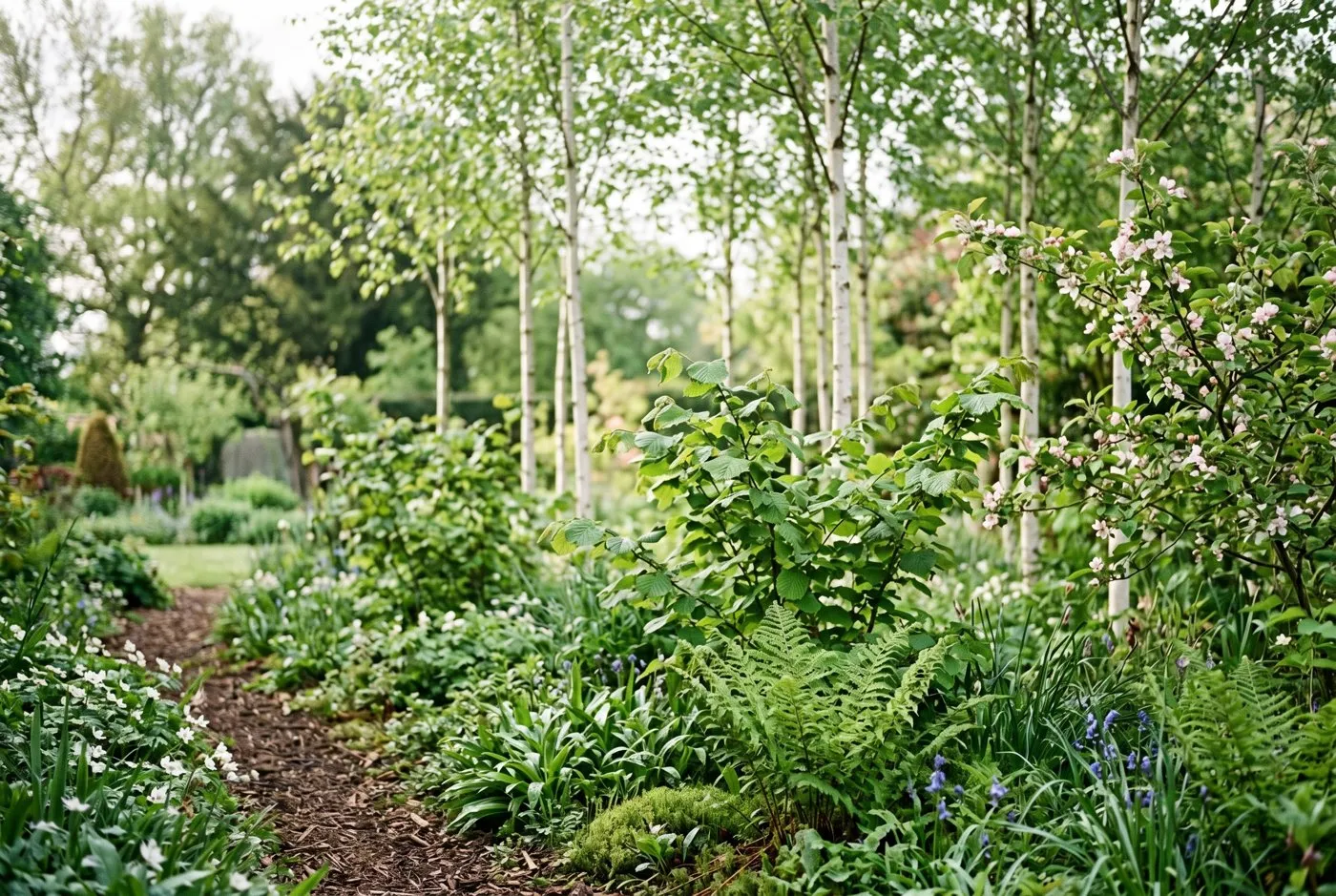 A clear view through a young native mini-woodland showing tall silver birch canopy behind shorter hazel and crab apple understorey and low ground-cover plants in front