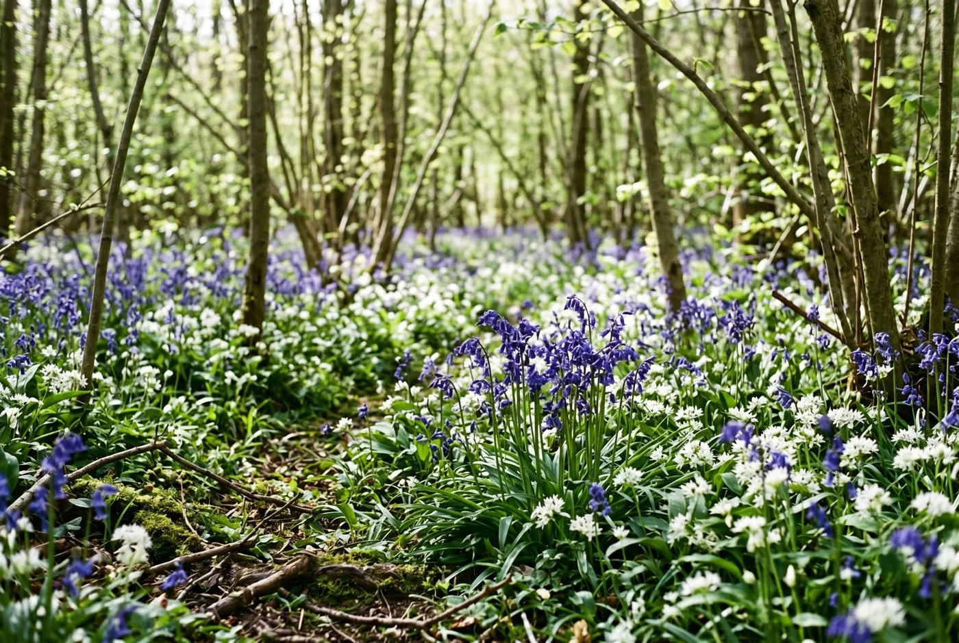 A woodland ground layer carpet of native English bluebells and white wild garlic flowering between slender tree stems under fresh spring leaves