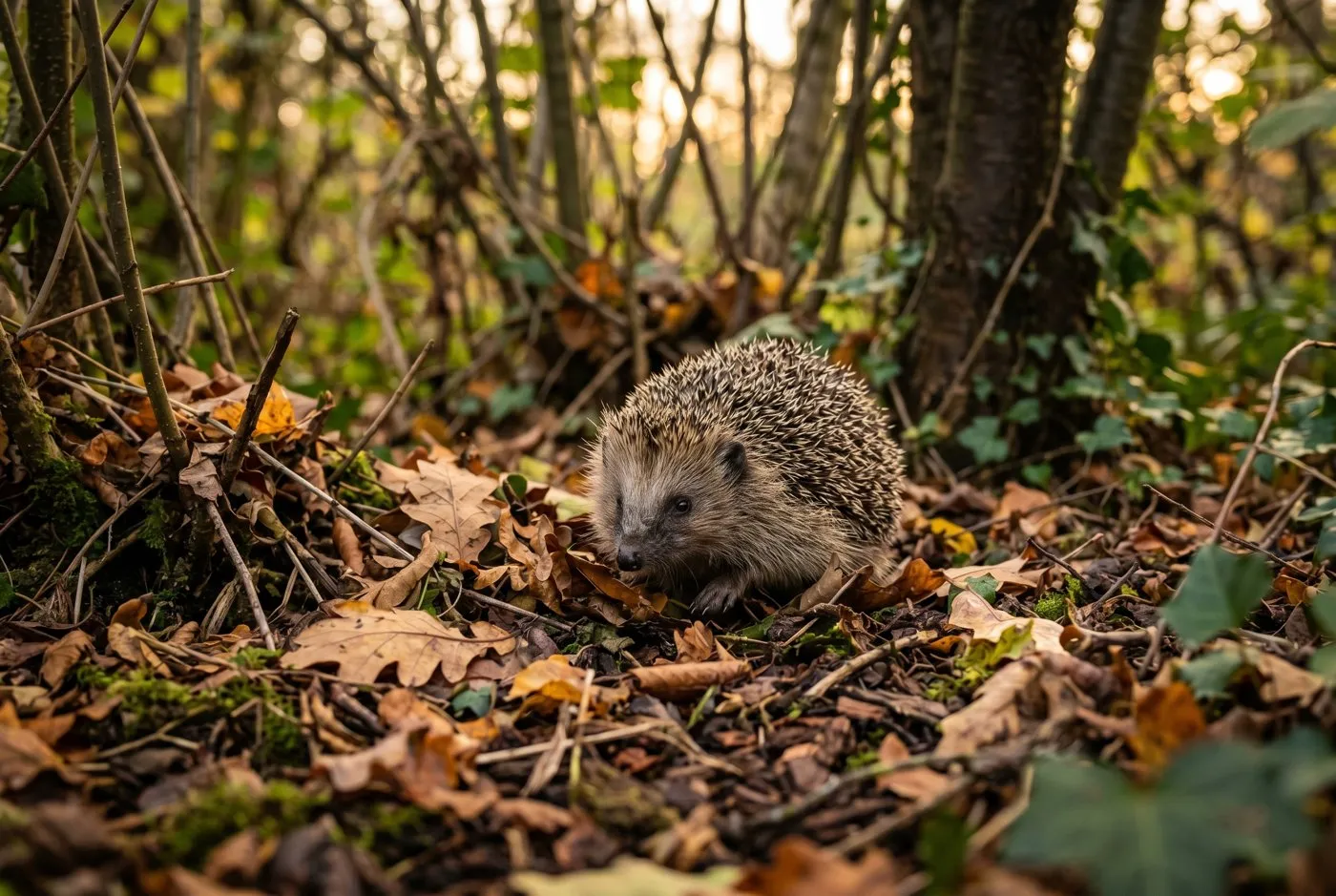 A hedgehog foraging at dusk among leaf litter at the base of dense young native trees in a UK garden, soft golden evening light