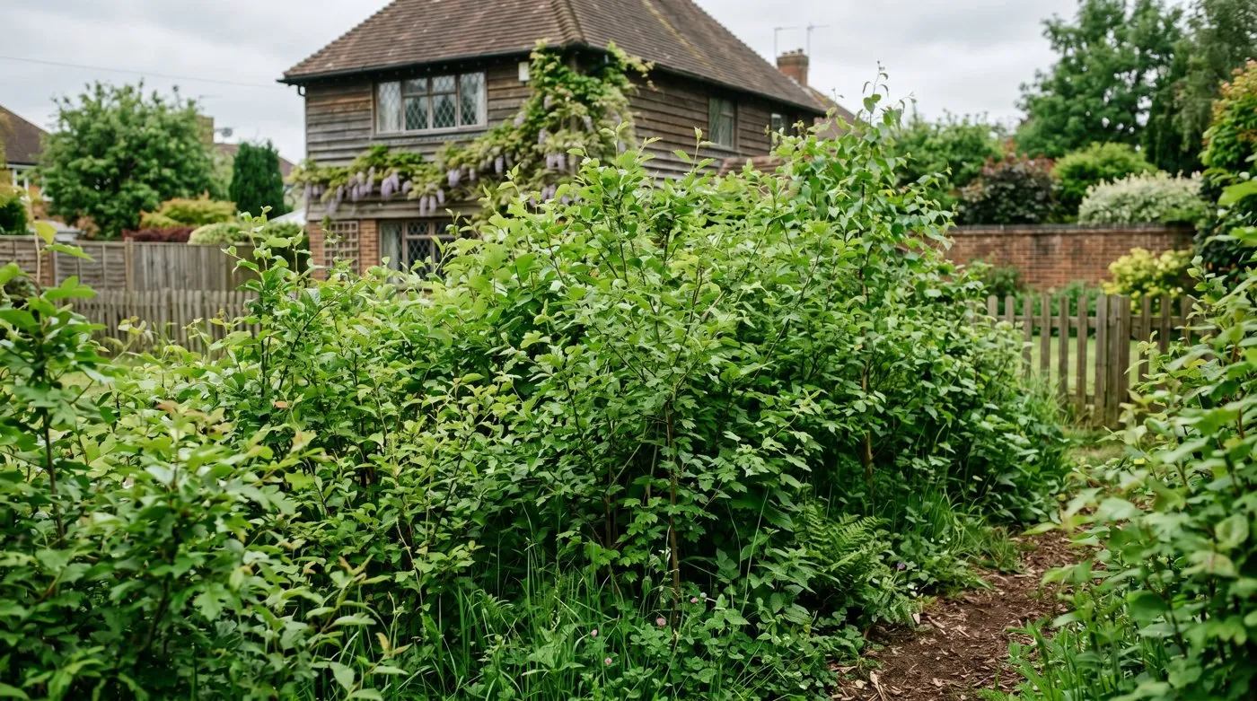 A dense young native pocket woodland of hawthorn, rowan and silver birch whips packed close together in a small suburban UK back garden in June