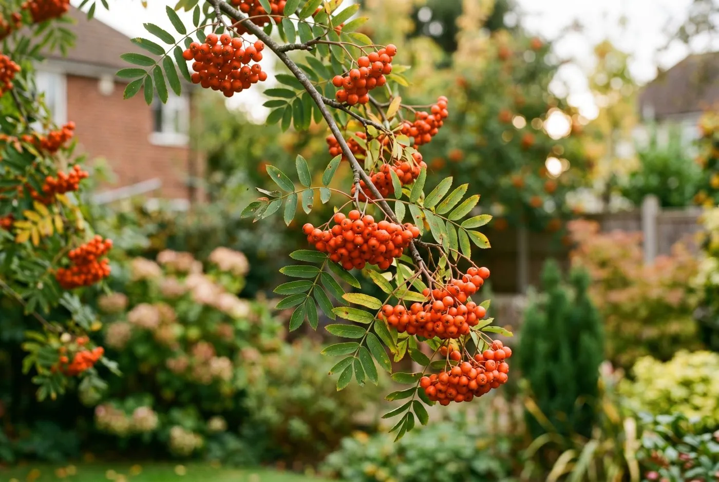 A rowan branch heavy with bright orange-red berries in early autumn in a UK garden, pinnate green leaves catching warm September light