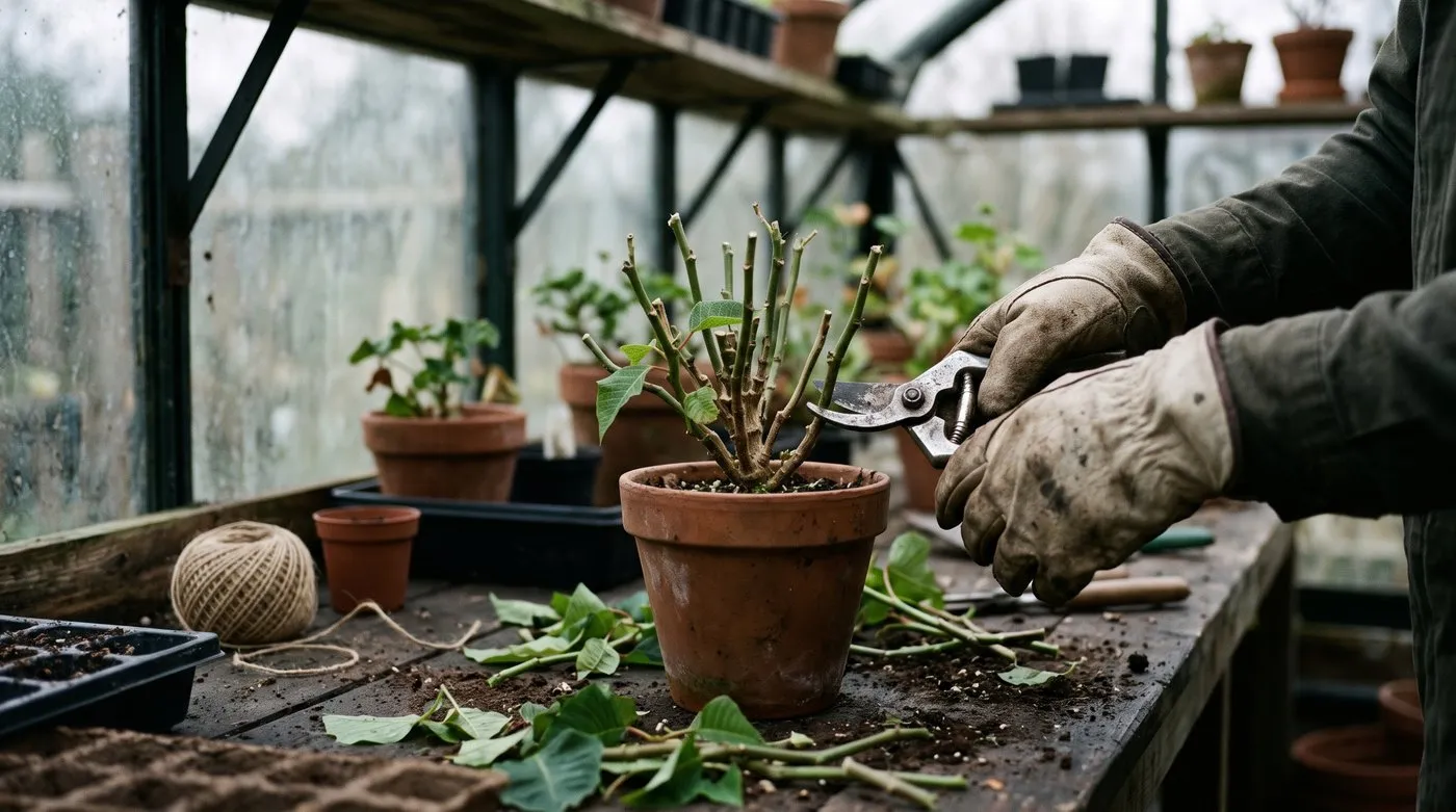 Gloved hands cutting a poinsettia back to short stems in spring on a potting bench