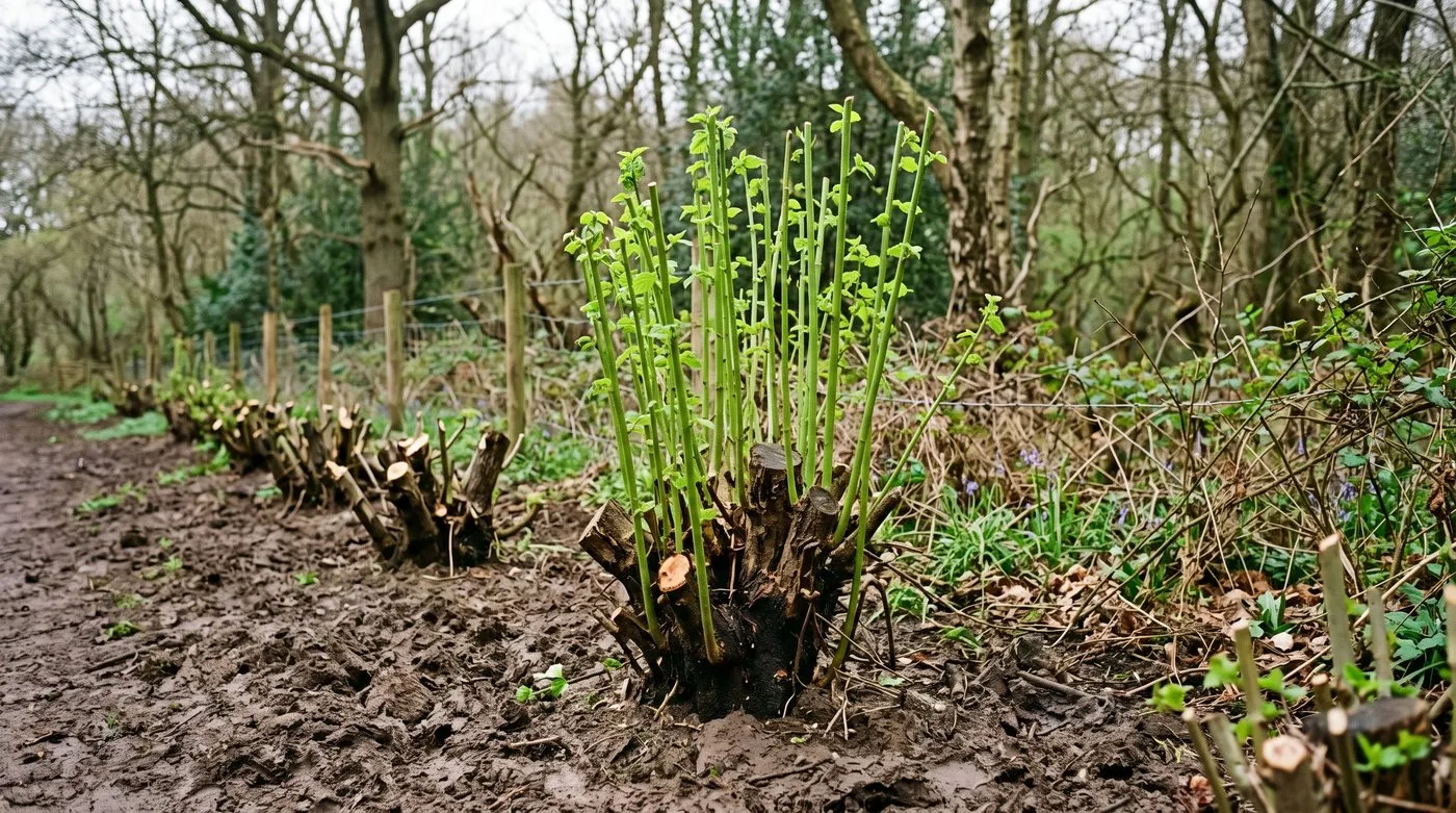 Freshly coppiced hazel stools throwing up new spring rods in a north Staffordshire garden woodland edge