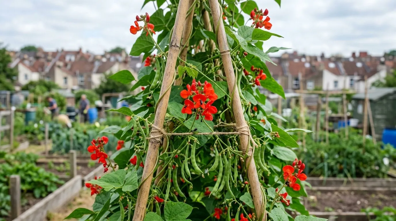 Runner beans in full red flower on a cane wigwam at a city allotment in Bristol, with a few pollen beetles on the open flowers and pods forming below