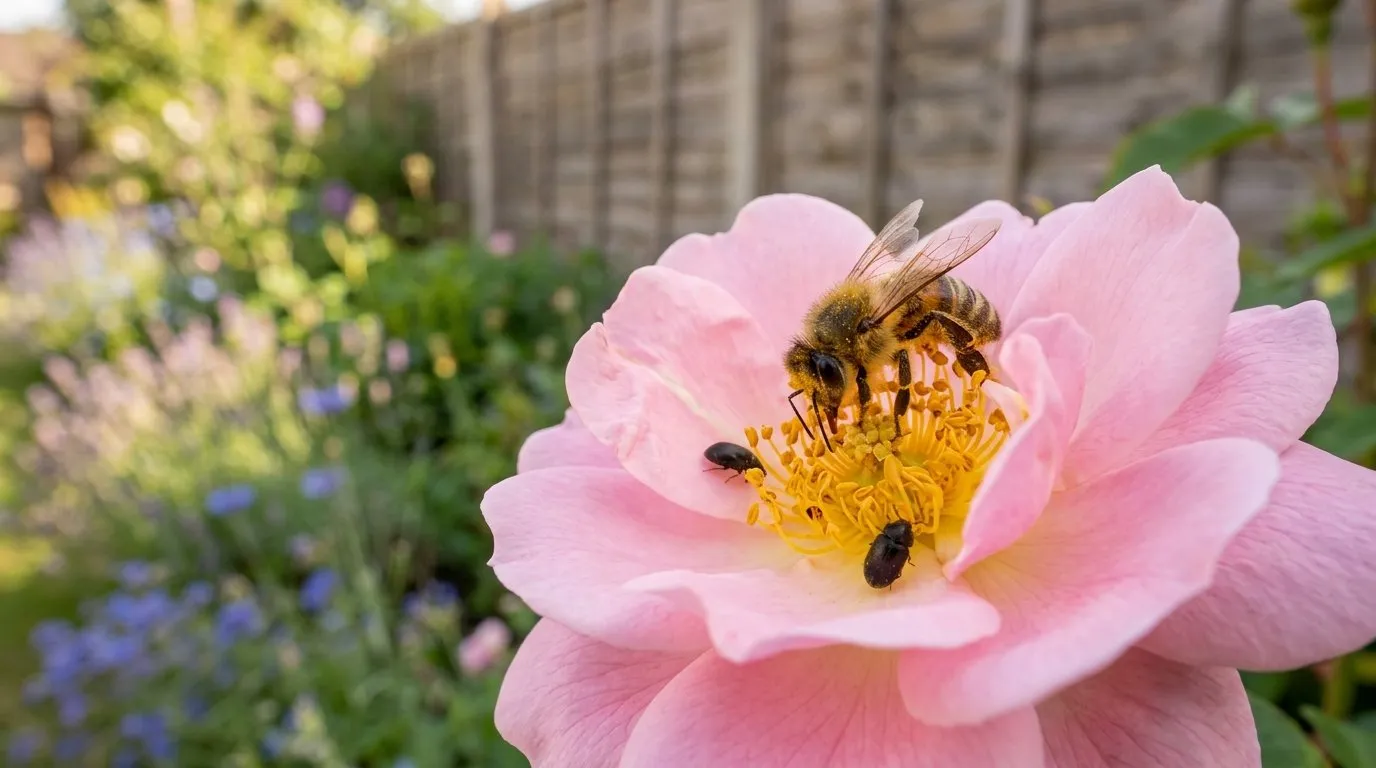A honeybee feeding on the same open rose as two small pollen beetles, in a suburban garden border, showing why spraying the flower would harm pollinators