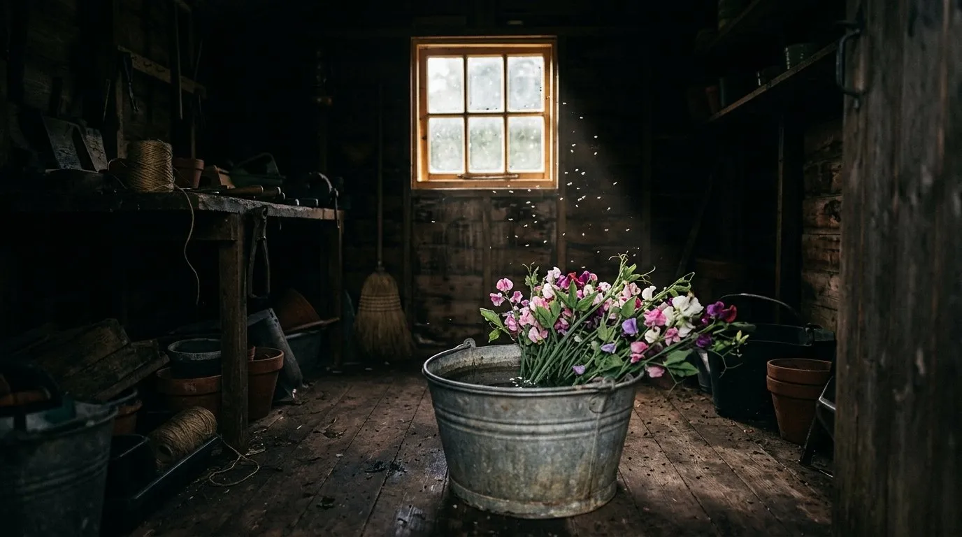 Cut sweet pea stems in a galvanised bucket inside a dim wooden shed, with pollen beetles drifting toward a single bright window at the far end