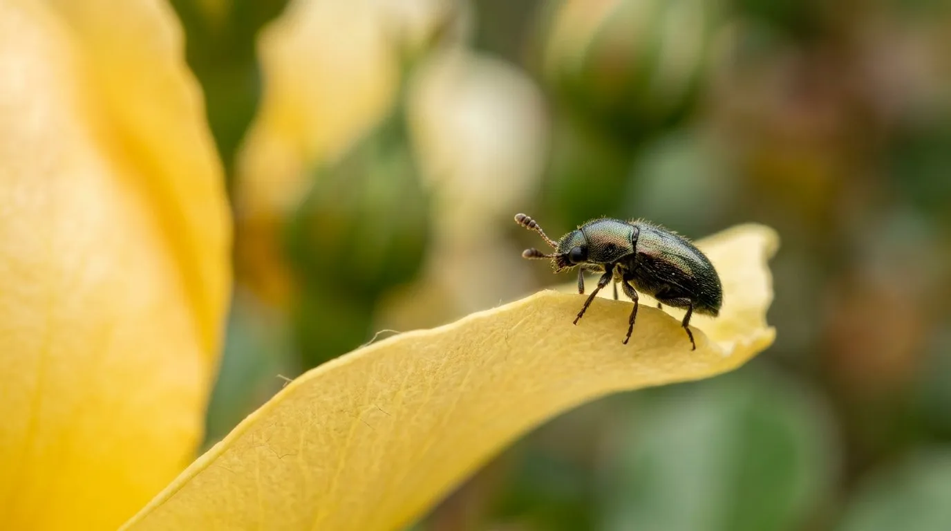Macro close-up of a single 2mm shiny black pollen beetle resting on a yellow rose petal showing its clubbed antennae