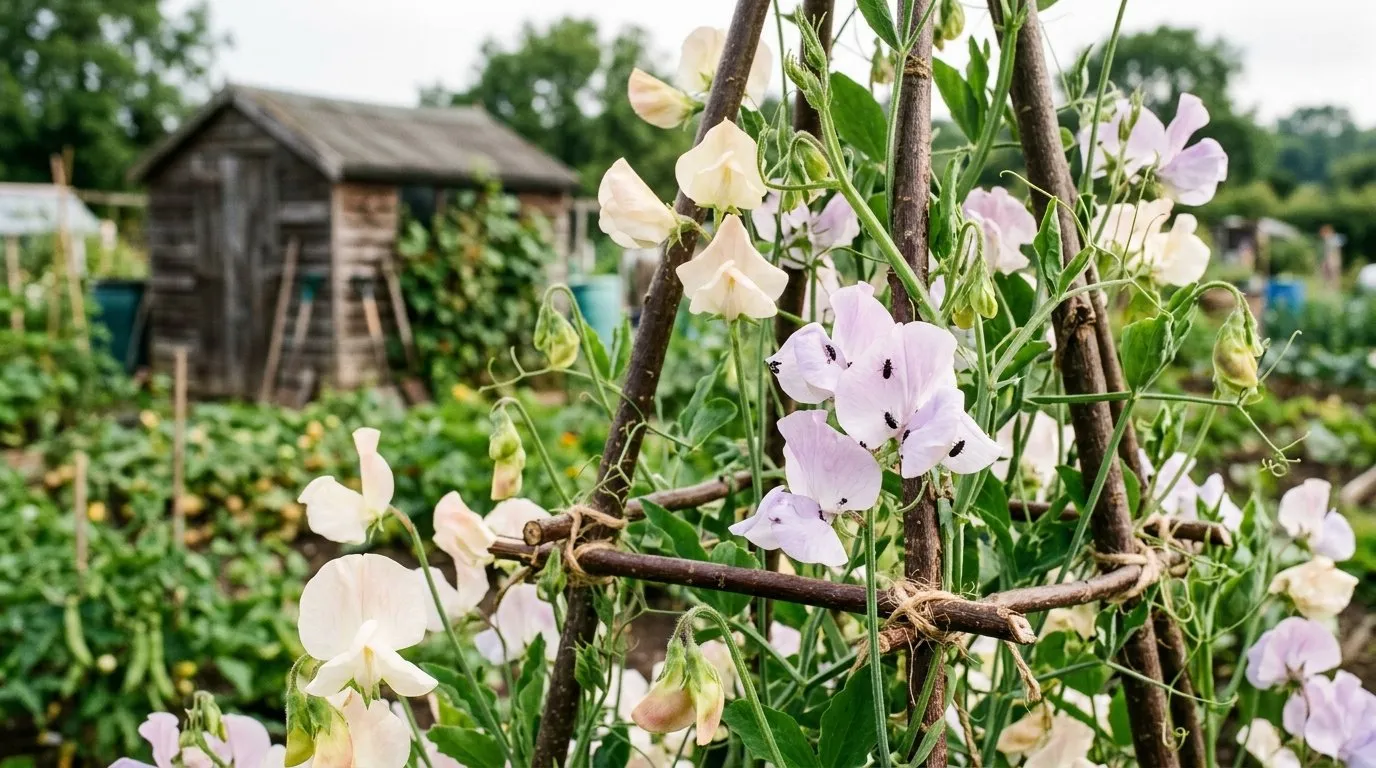 Pale cream and lilac sweet pea blooms on a cane wigwam at a Kent allotment, with several small black pollen beetles visible on the open flowers