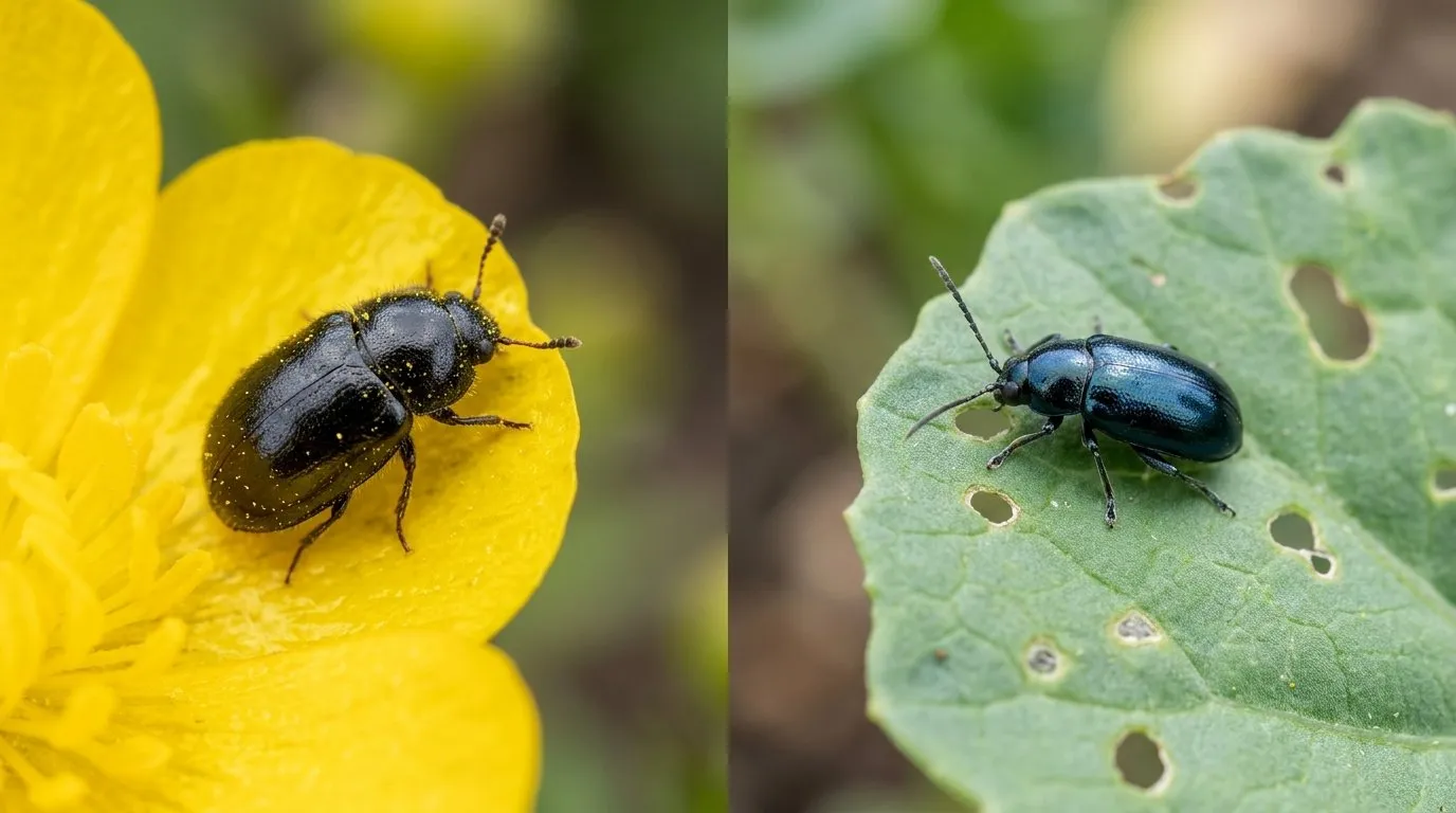 Side-by-side macro comparison of a rounded pollen beetle on a petal and an angular flea beetle on a brassica leaf, showing the size and shape difference