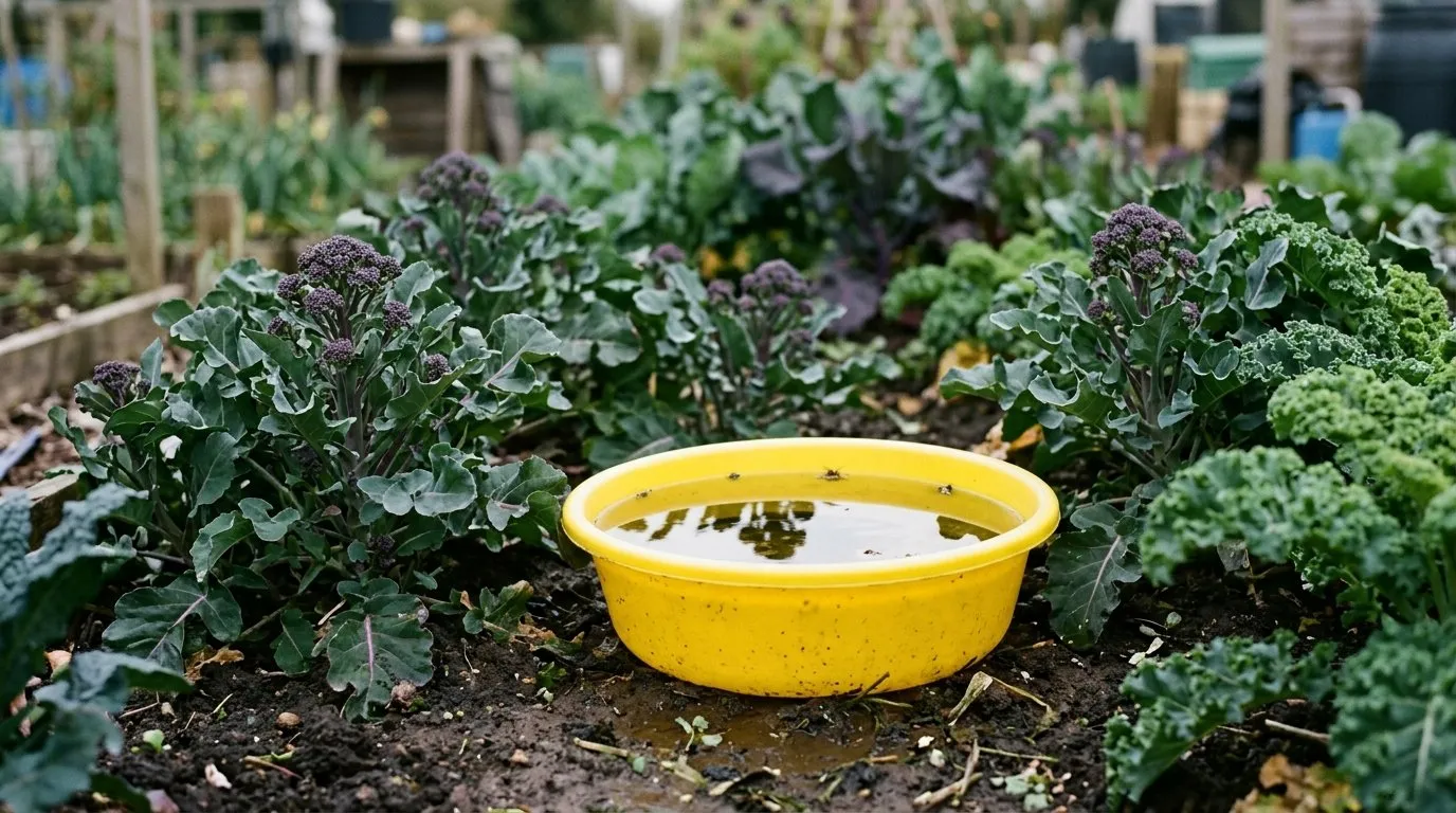 A bright yellow water trap sitting among purple sprouting broccoli plants on an allotment, used to monitor pollen beetle numbers rather than control them