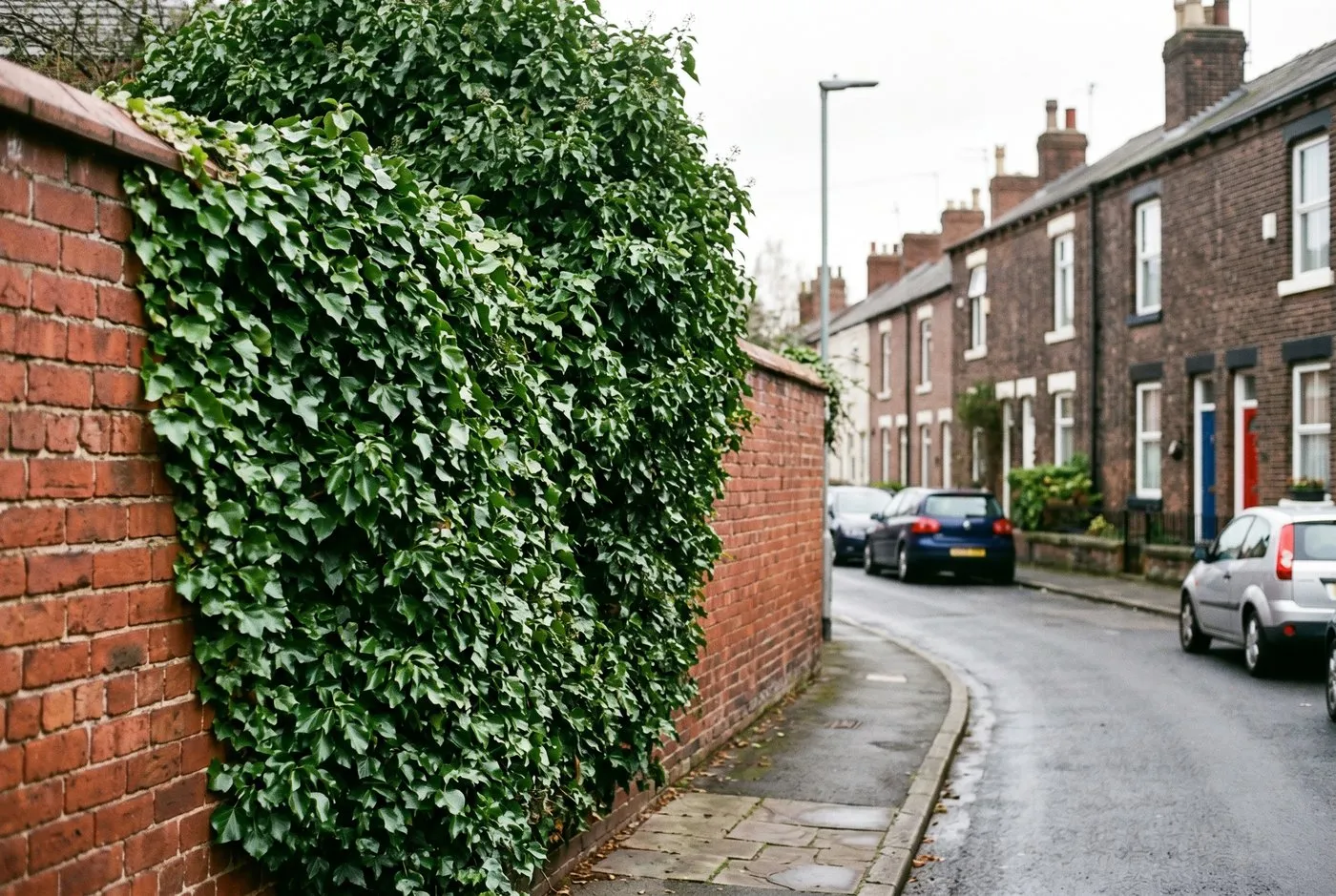 Ivy-covered brick wall forming a dense green screen along a city terraced street boundary