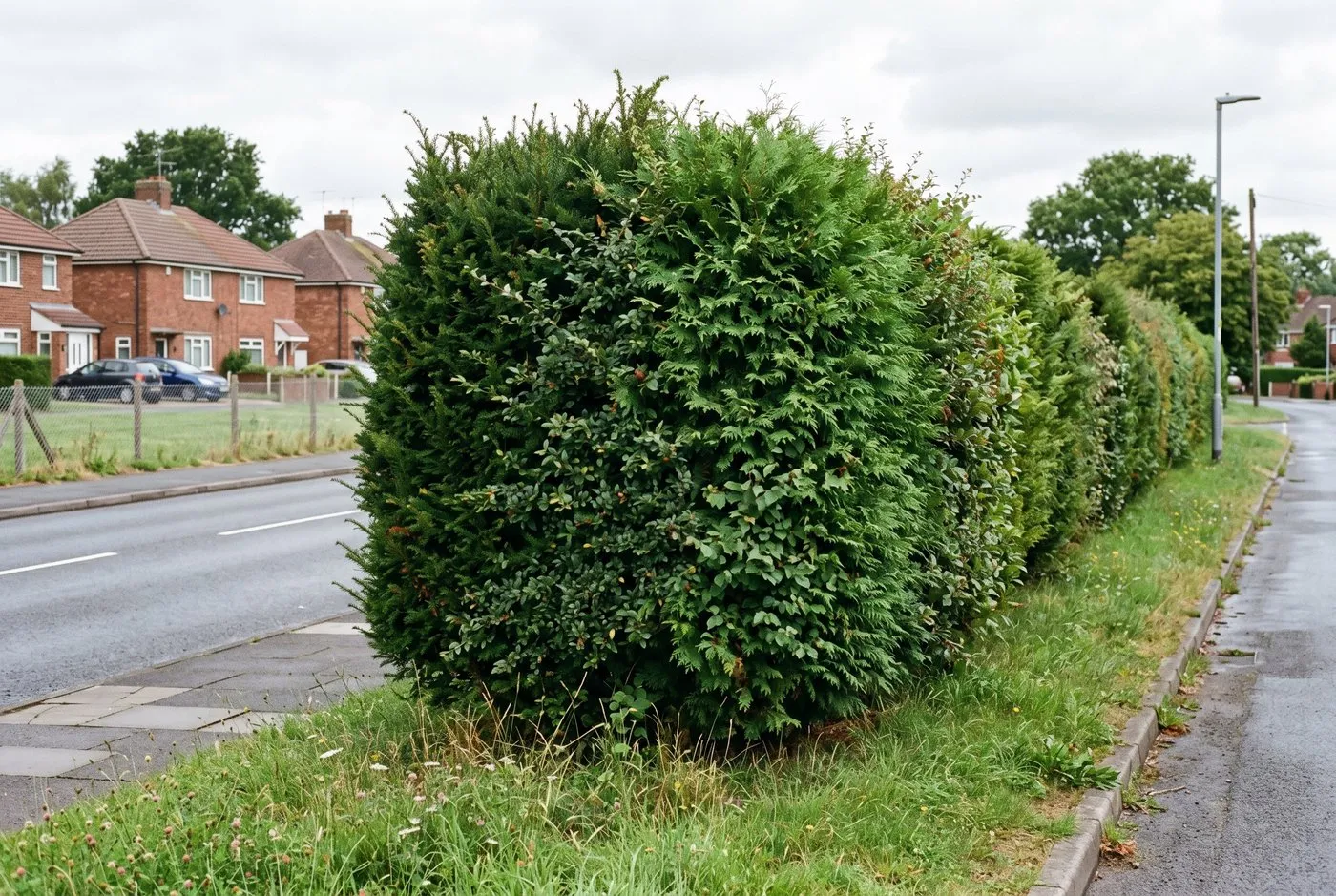 Cross-section style scene of a layered mixed evergreen hedge showing dense growth from ground to two metres