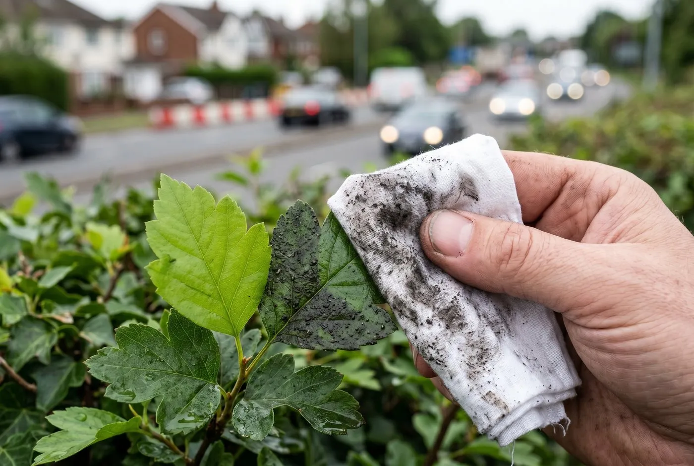 Damp white cloth wiped across a roadside hedge leaf showing grey particulate film next to a clean smooth leaf