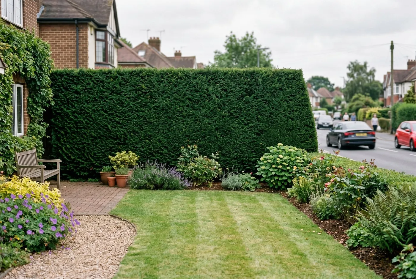 Dense yew hedge clipped to two metres screening a suburban UK garden from a road behind