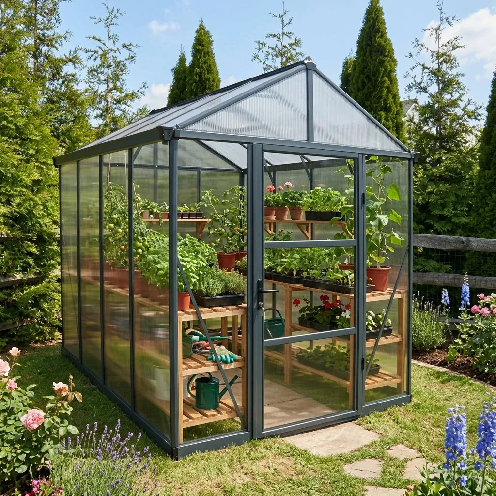 Palram Hybrid polycarbonate greenhouse with diffused light in a UK garden