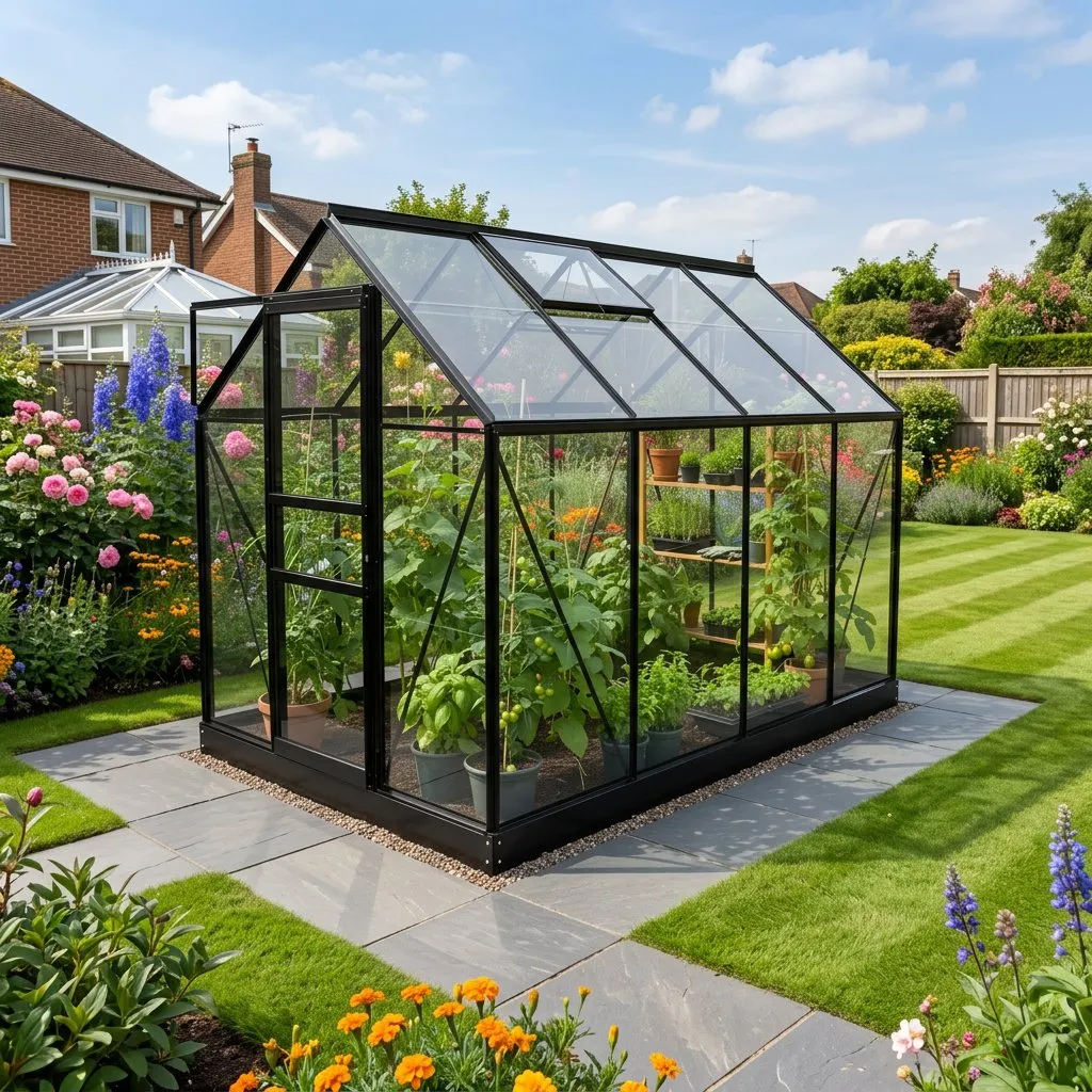 Summer greenhouse with tomatoes and cucumbers in full production