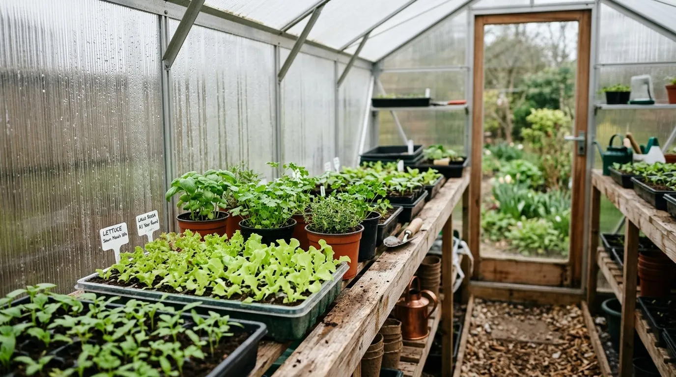 Polycarbonate greenhouse interior with seed trays and herbs on wooden staging in diffused light