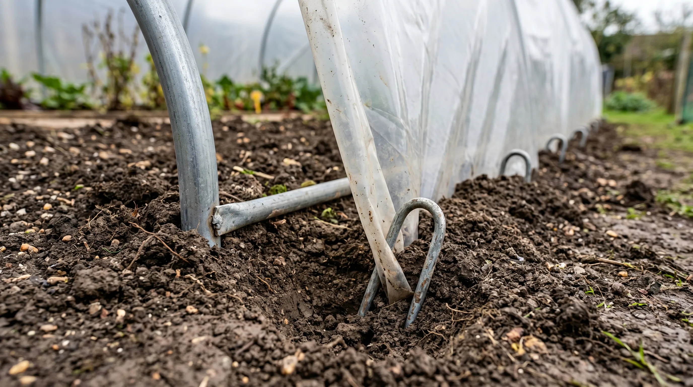 UK polytunnel base rail and ground anchor showing the polythene cover trenched into the soil and weighed down with curved galvanised pins