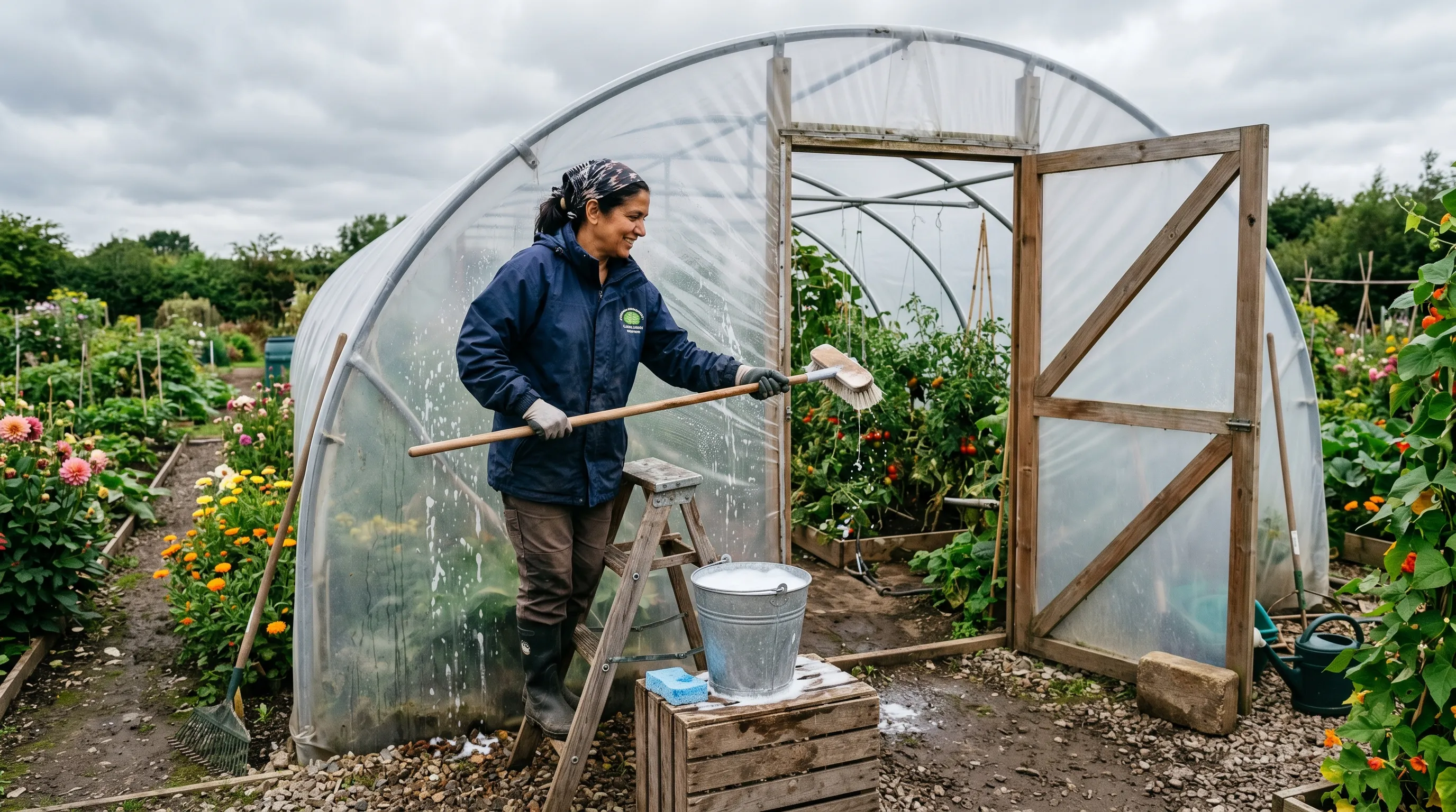 A UK gardener of South Asian heritage washing a polytunnel cover with a soft brush and bucket of soapy water on a cloudy August afternoon with the door propped open