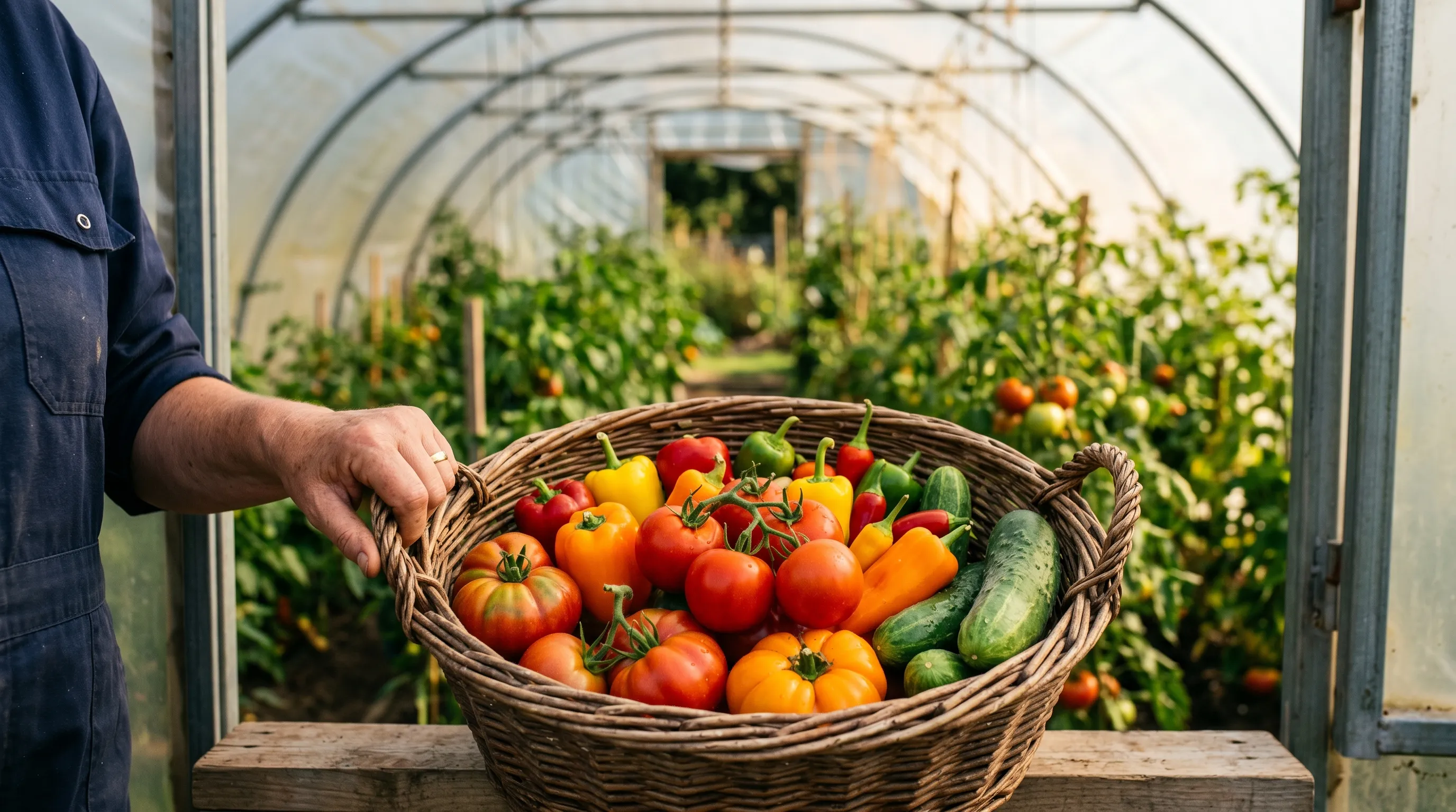 A close-up of tomatoes peppers and cucumbers in a wicker harvest basket coming out of a UK polytunnel in late July with the polytunnel structure behind in soft focus