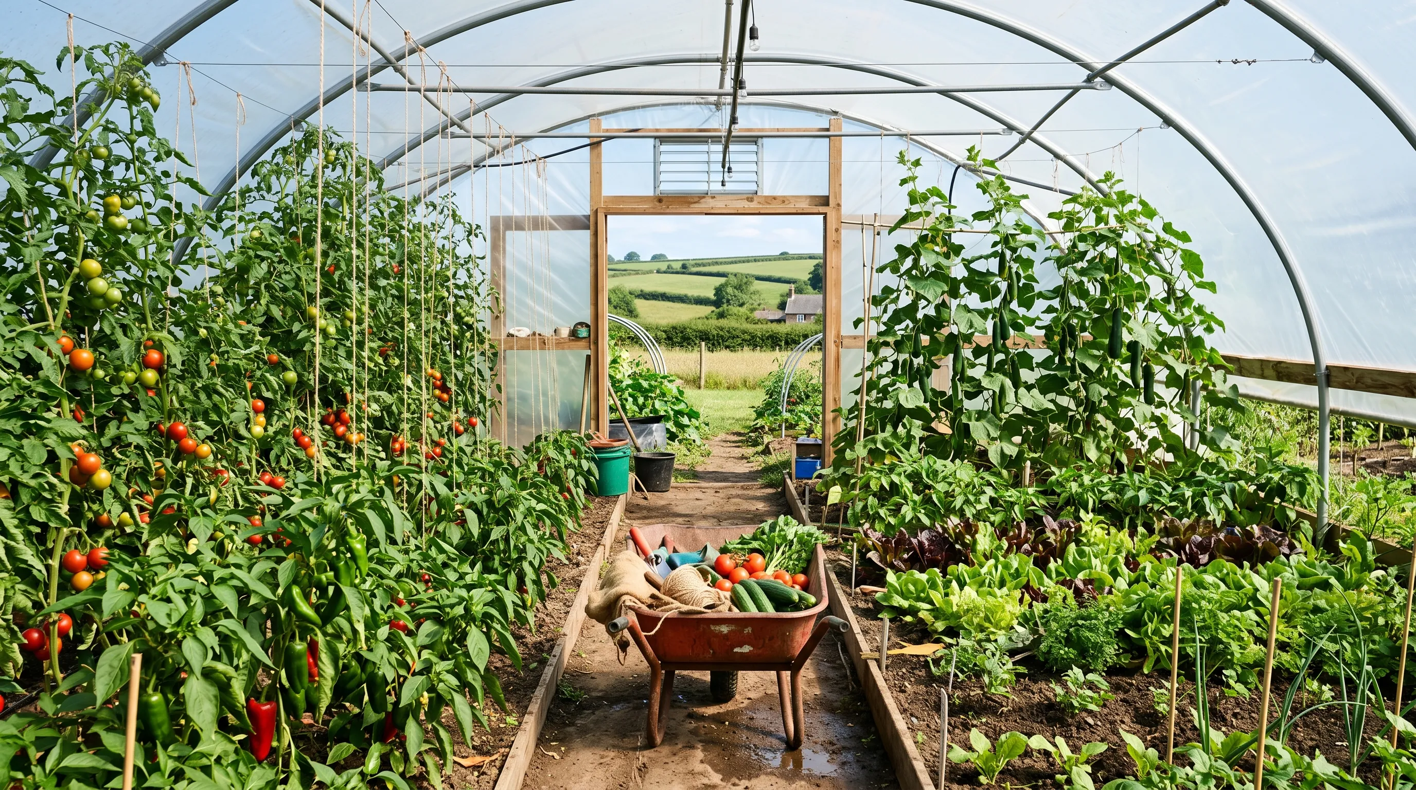 A productive UK polytunnel in summer with rows of tomatoes peppers cucumbers and salad crops with the door open and a wheelbarrow inside on a sunny day