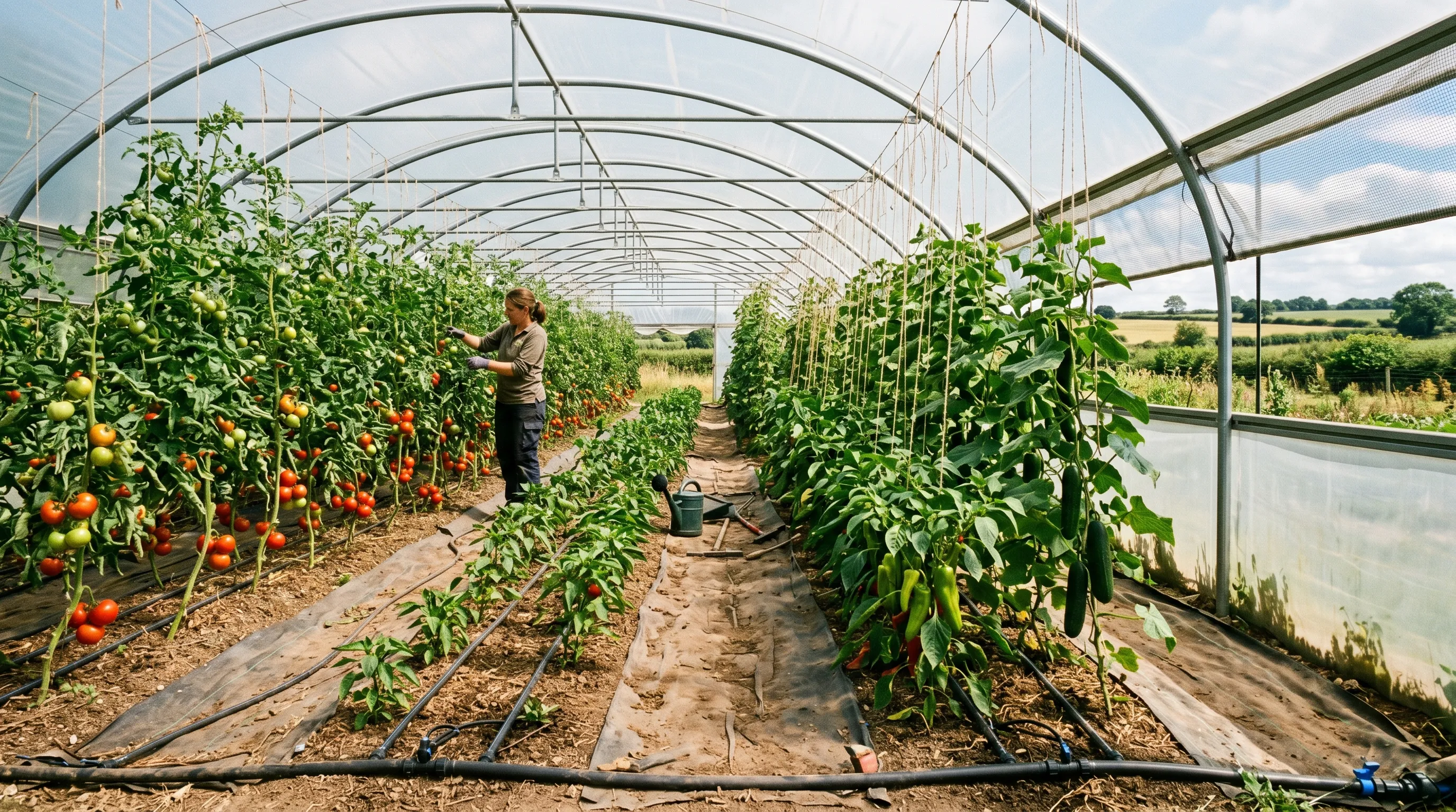 Interior of a UK polytunnel in mid-summer with rows of tomatoes peppers and cucumbers all in production with drip irrigation tubes visible on the ground and side vents fully open