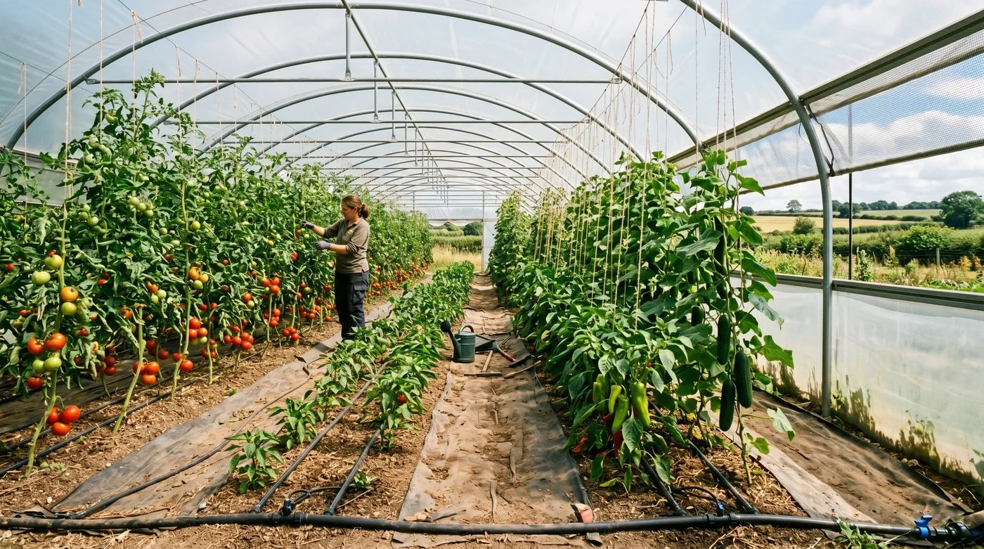 Interior of a UK polytunnel in mid-summer with rows of tomatoes peppers and cucumbers all in production with drip irrigation tubes visible on the ground and side vents fully open