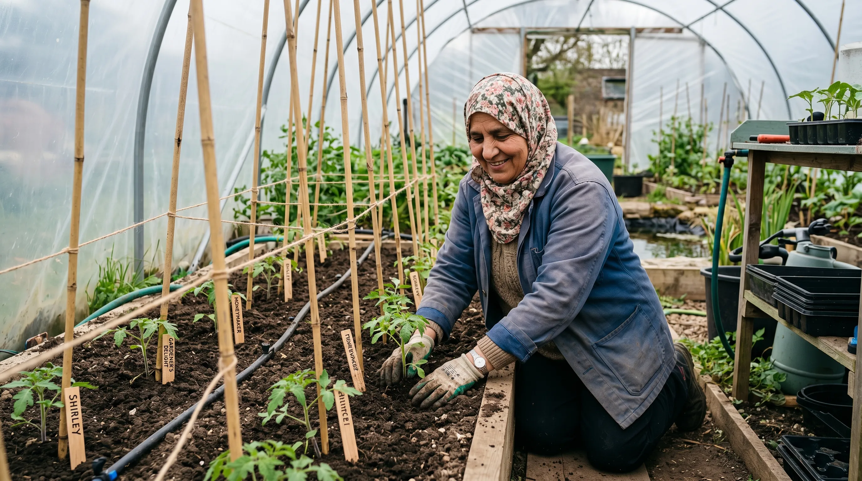 A UK gardener of Pashtun heritage planting young tomato plants into a polytunnel bed in late April with bamboo canes and string supports ready and small plant tags labelling varieties