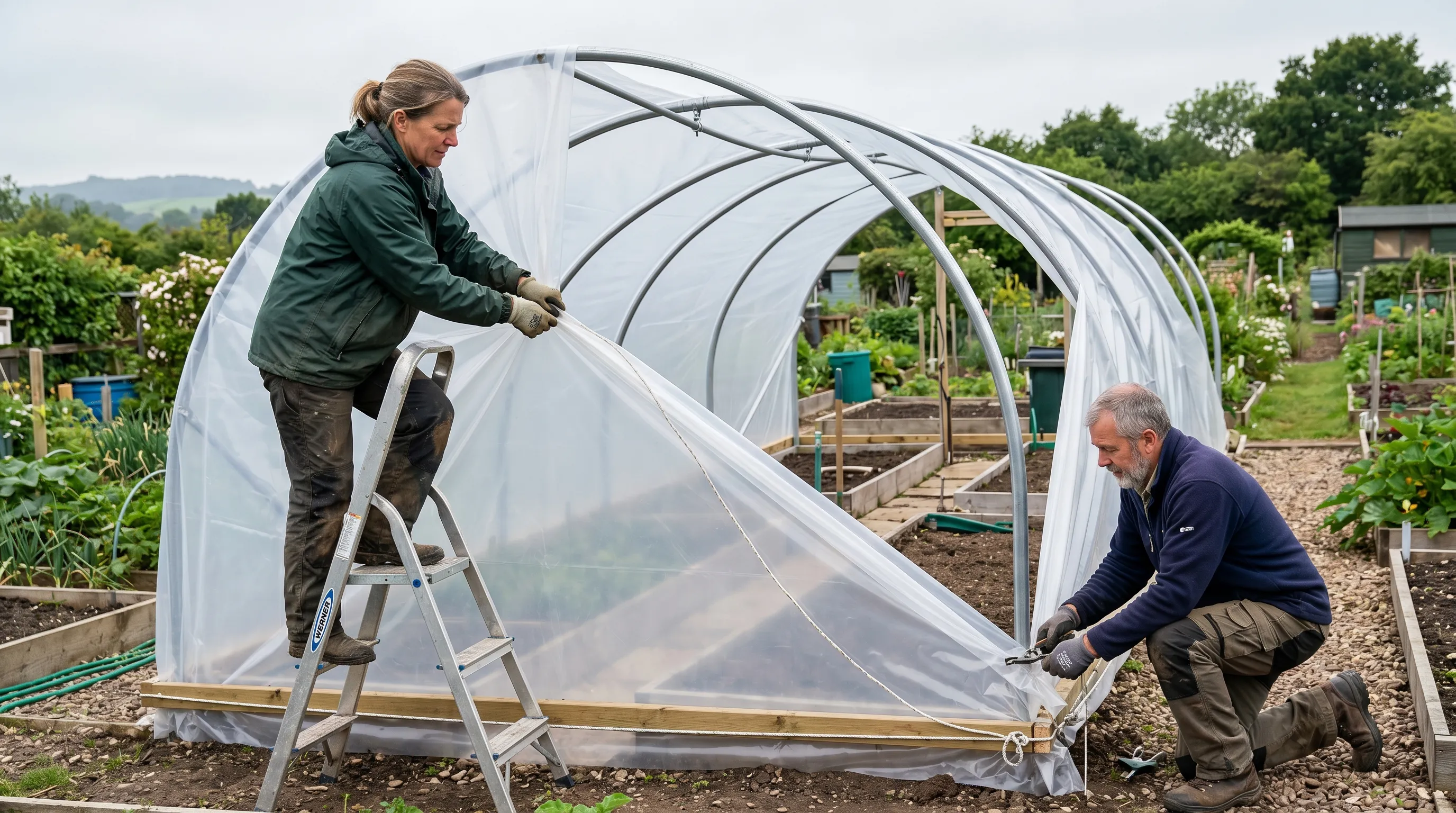 Two UK gardeners replacing the full polythene cover on a 3x6m polytunnel - stretched the new cover taut over the metal hoops on a calm morning