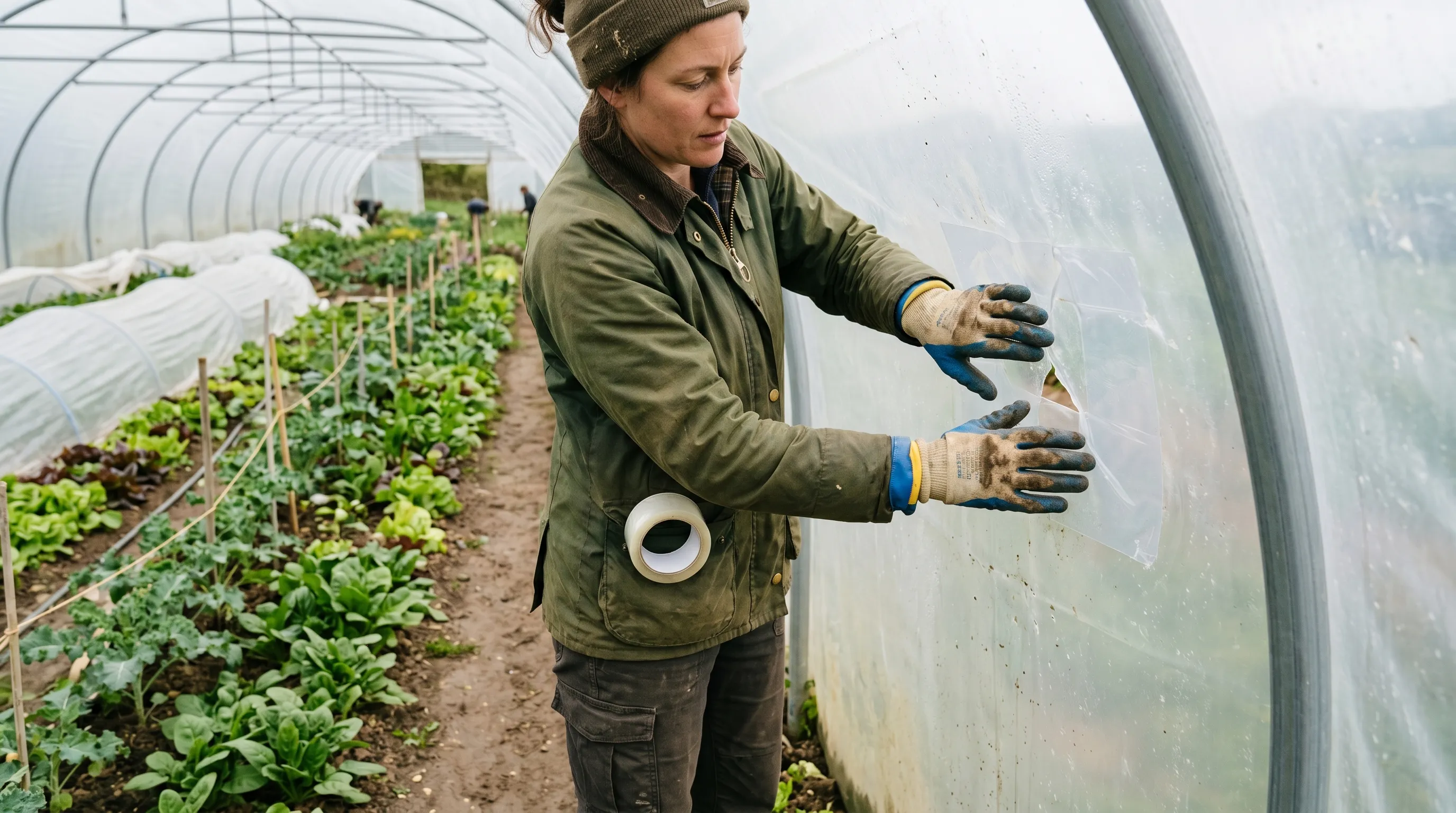 UK polytunnel showing a small tear in the polythene cover being repaired with clear adhesive tape - gardener's gloved hands smoothing the patch onto the curved surface
