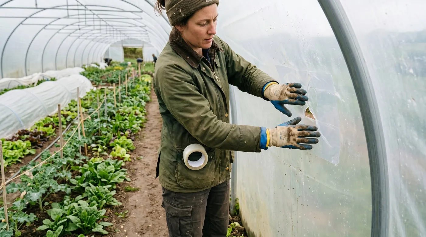 UK polytunnel showing a small tear in the polythene cover being repaired with clear adhesive tape - gardener's gloved hands smoothing the patch onto the curved surface