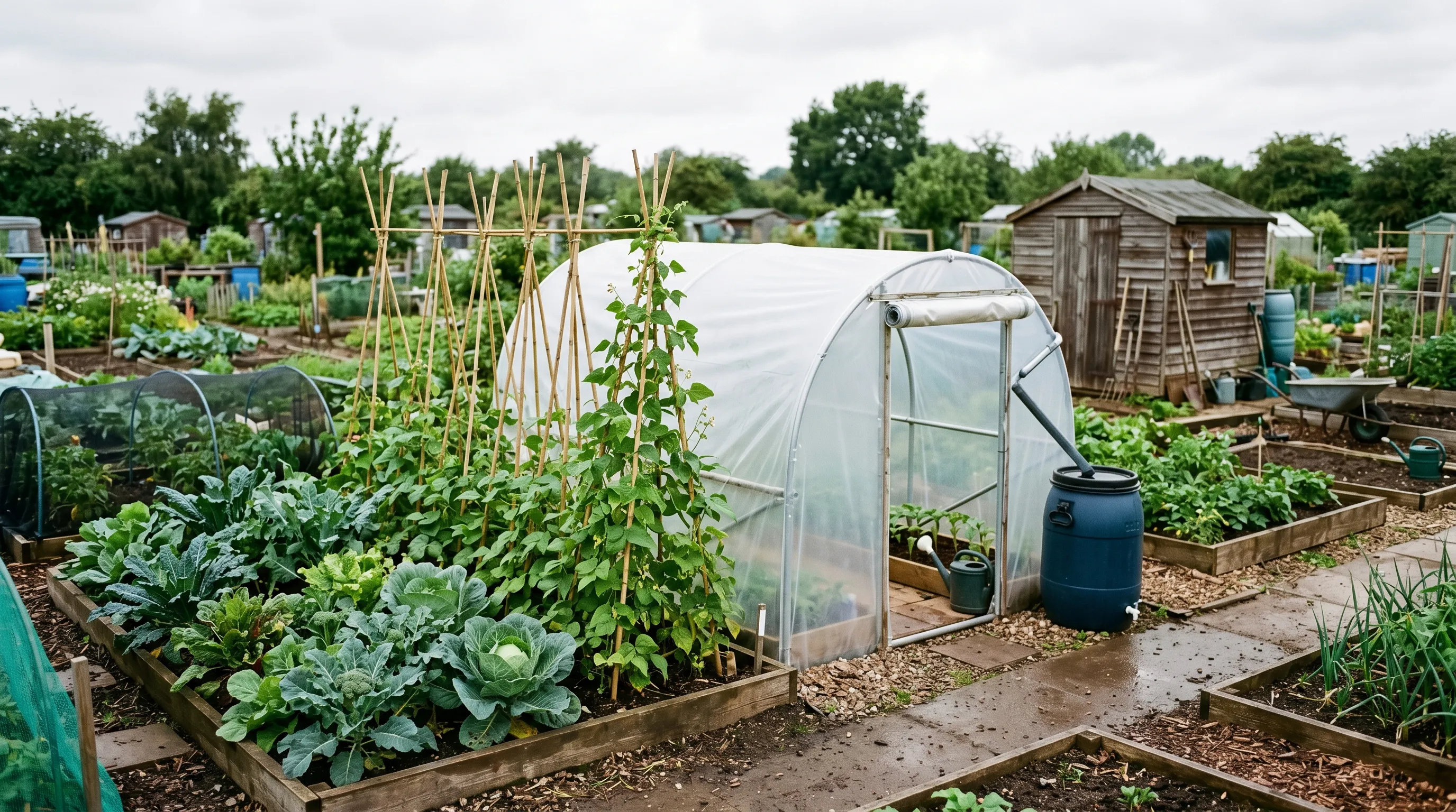Allotment polytunnel on a Staffordshire council site with raised beds and a water butt
