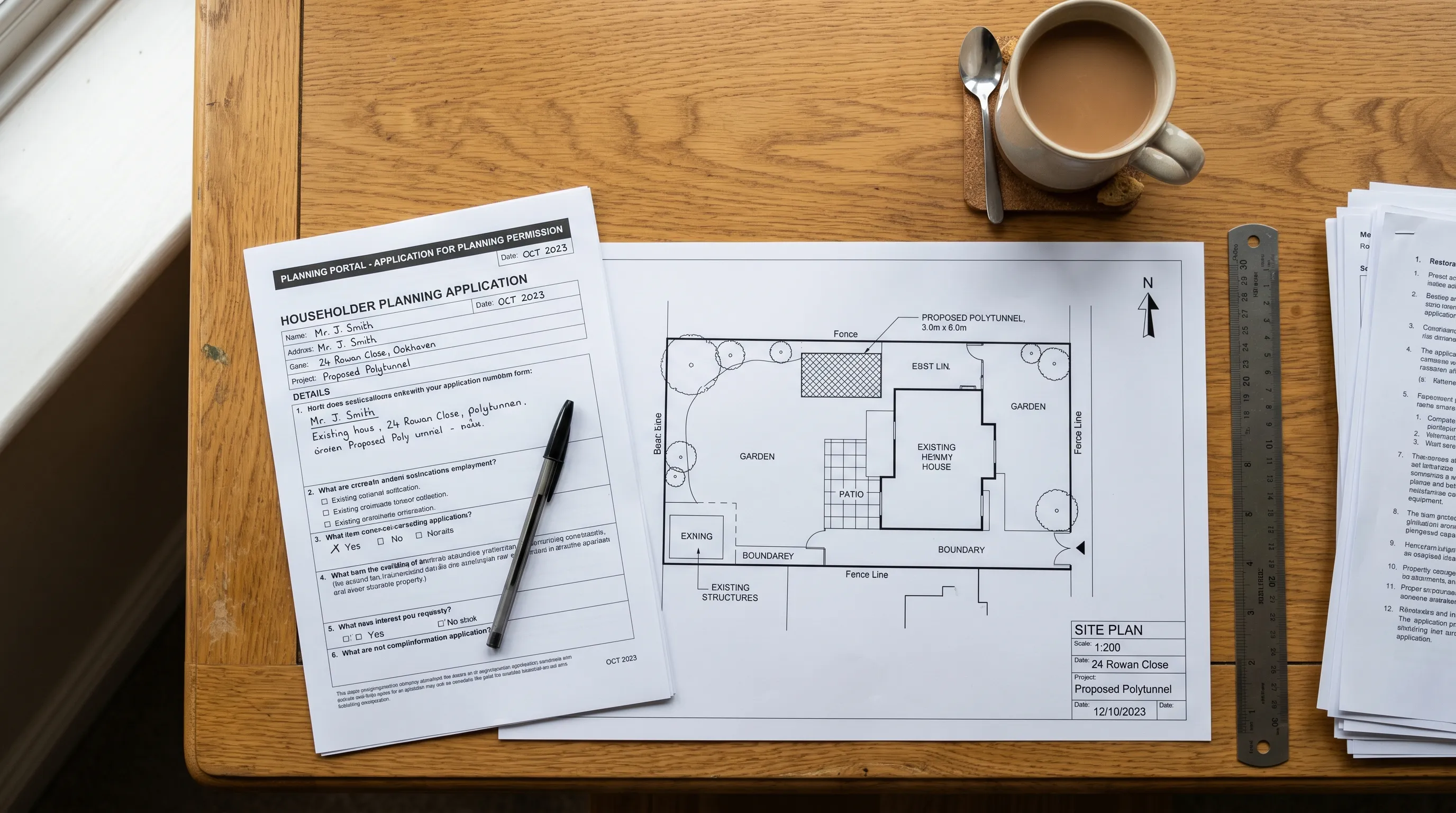 Planning application form on a desk with site plan drawing and ruler