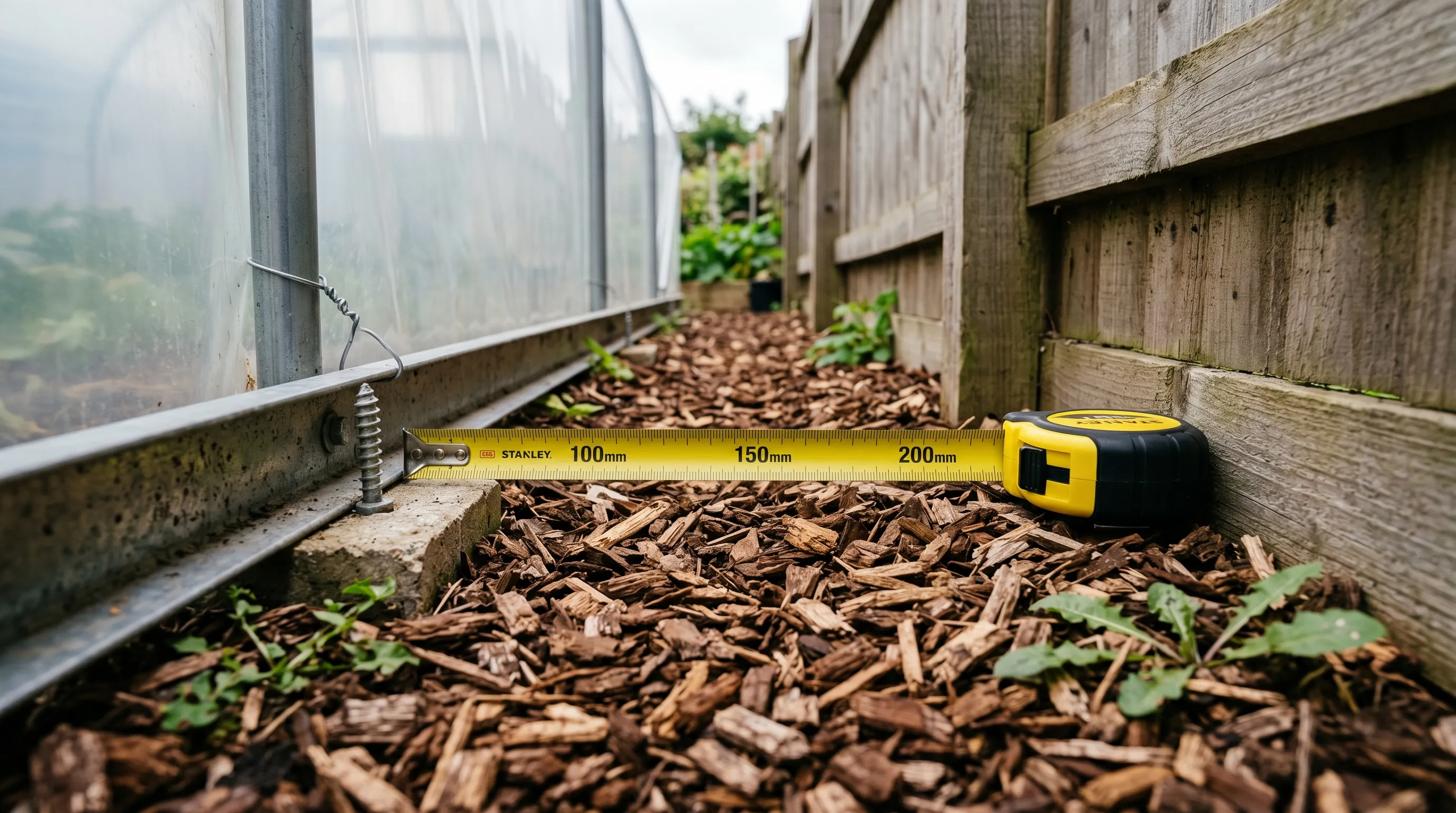 Polytunnel raised bed system showing 200mm boundary clearance from a wooden fence