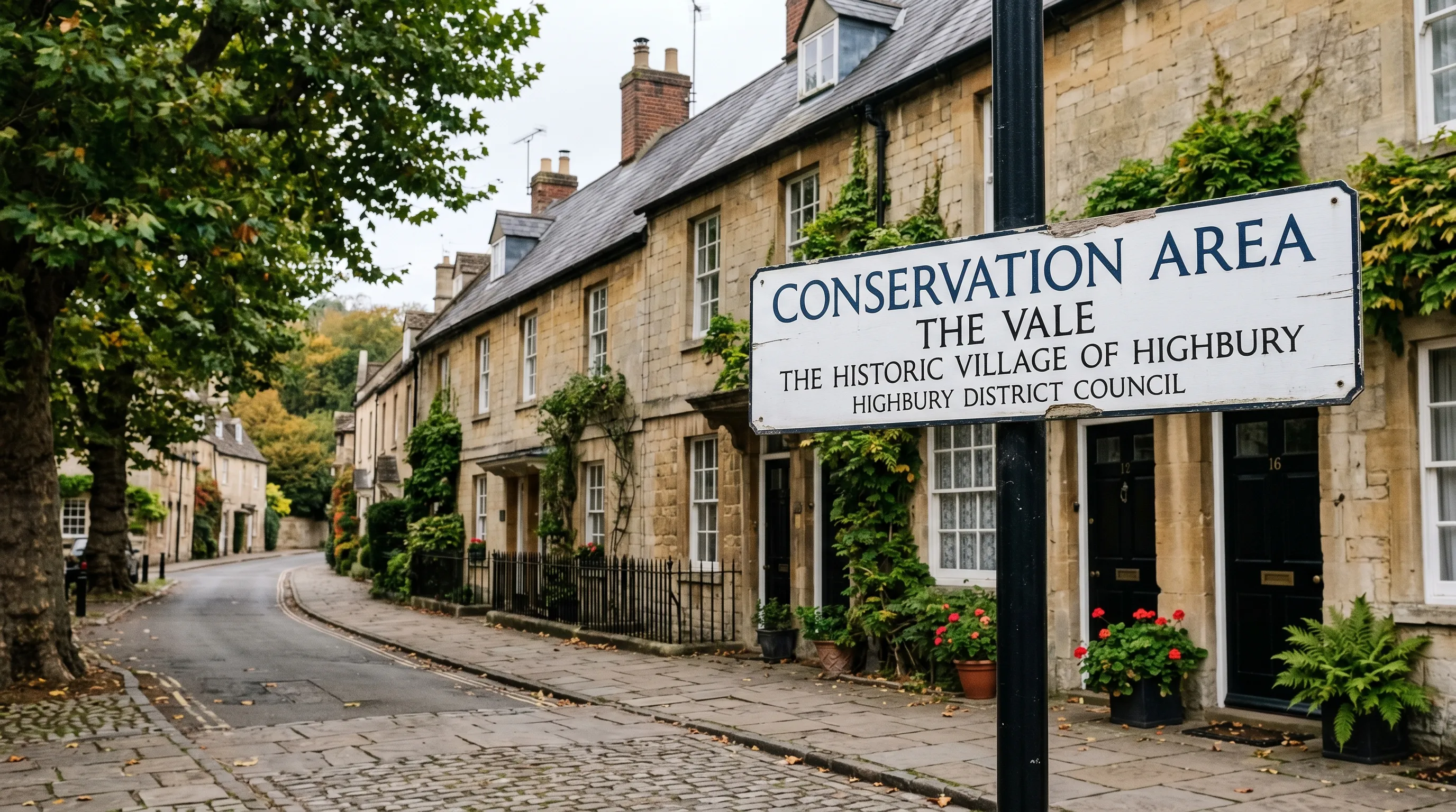 Conservation area street sign in a UK village with mature trees