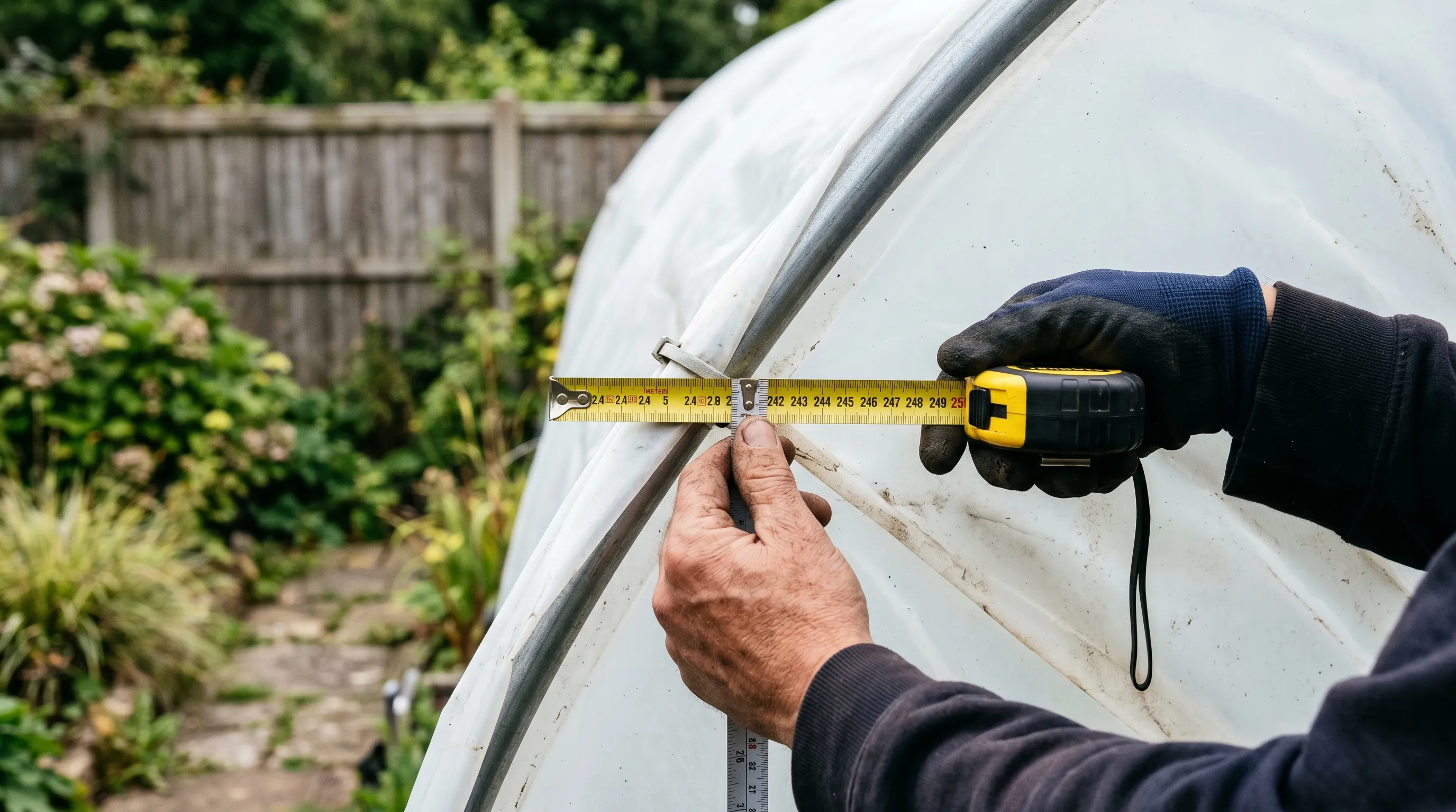 Polytunnel measured with a tape against the ridge in a UK back garden