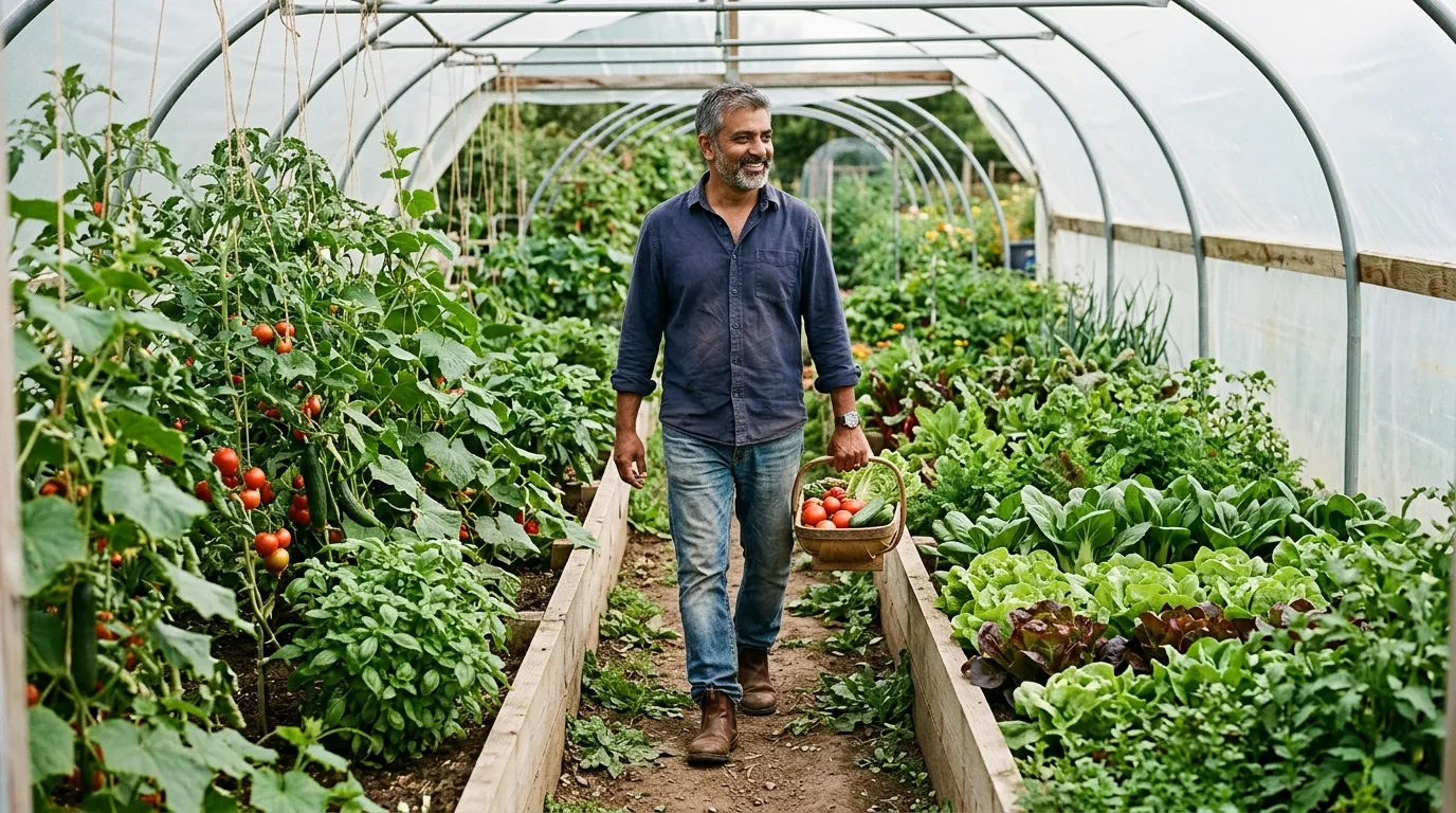 A British-Indian gardener walking down the central path of a 4-bed deep polytunnel layout with beds full of mixed crops on either side