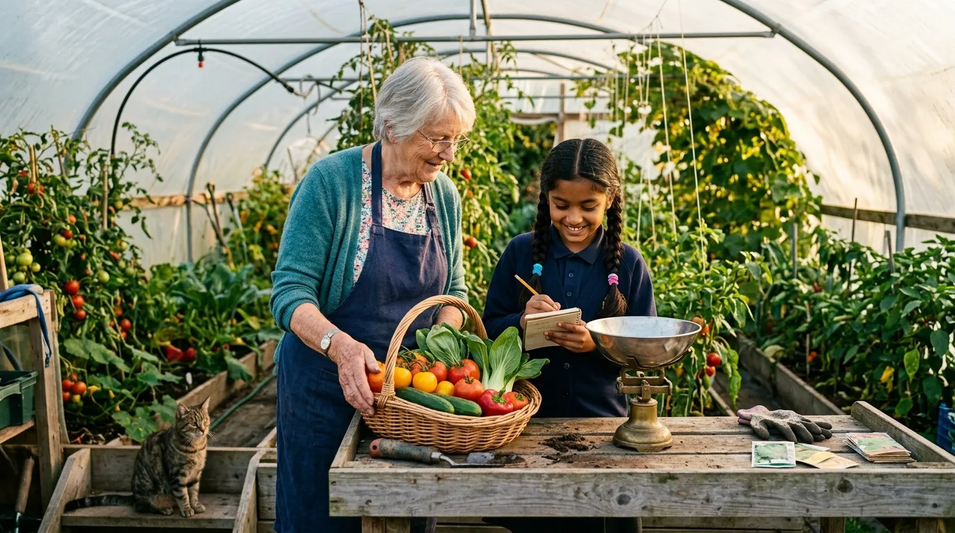 Elderly British grandmother and her young granddaughter weighing a basket of polytunnel produce on kitchen scales inside the polytunnel, the granddaughter recording weights in a notebook, a ginger cat watching from the step