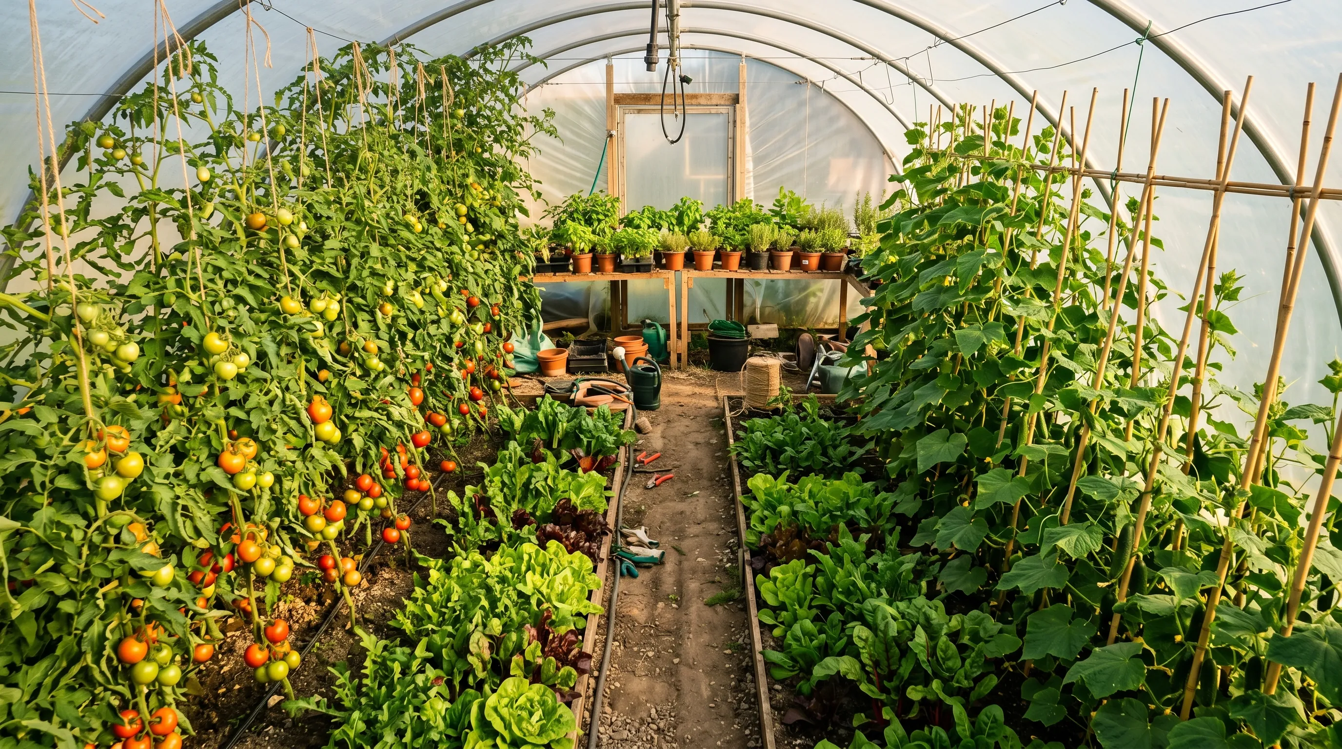 Productive UK polytunnel interior in midsummer with cordon tomatoes, cucumbers, aubergines and underplanted lettuce showing multi-storey planting