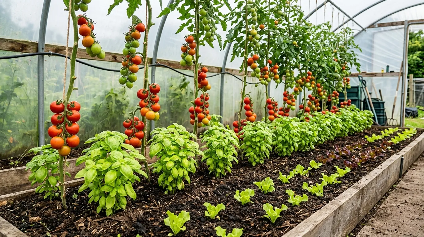 A UK polytunnel bed showing three crops layered in the same square metre: tomato cordons trained high, basil at the base, and lettuce seedlings between the basil rows