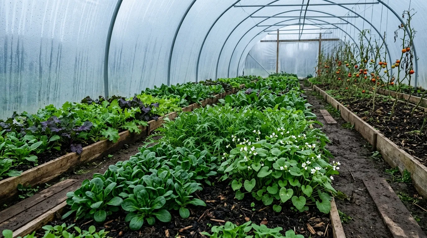 UK polytunnel interior in December showing dense ground-level winter salads including corn salad, claytonia, mustard greens and mizuna, with condensation on the cover and late tomatoes still on the cordon at the far end