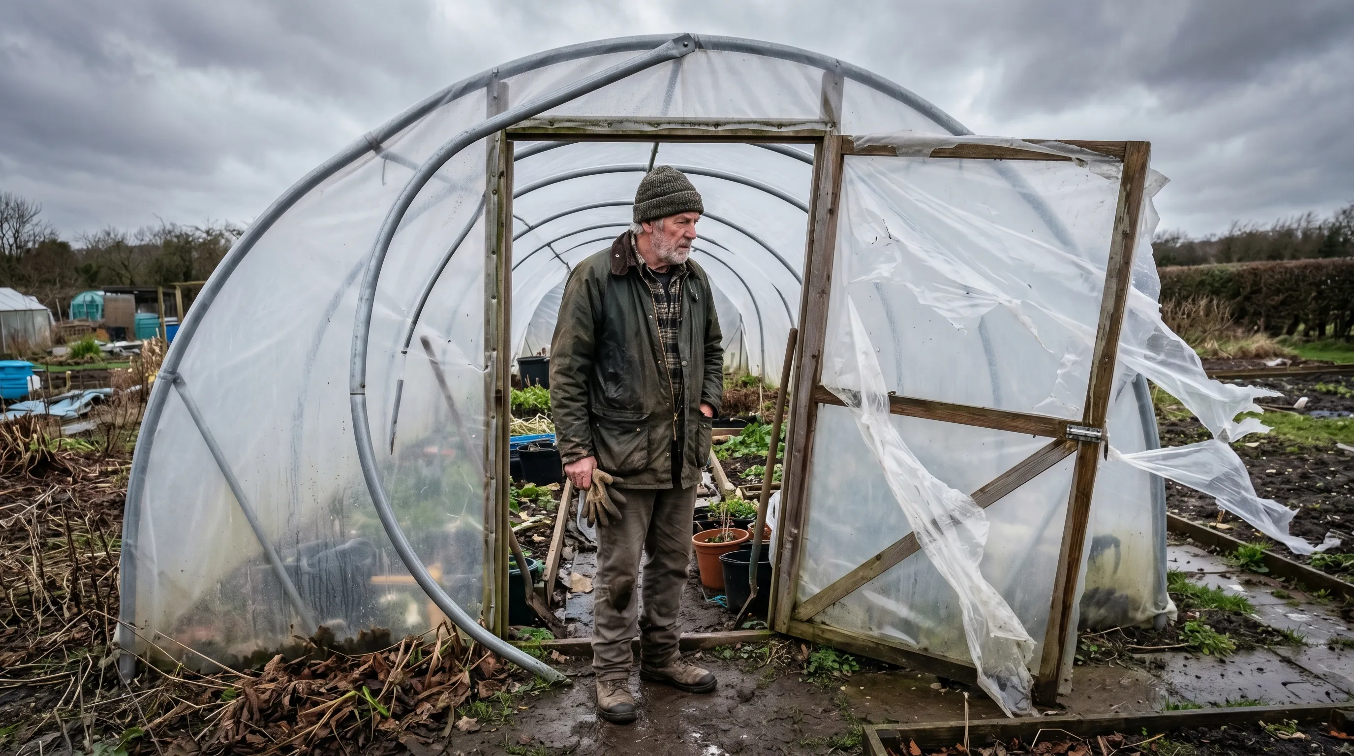 UK gardener inspecting a polytunnel after a winter storm - one panel of polythene torn loose from the door frame, the metal hoop bent slightly
